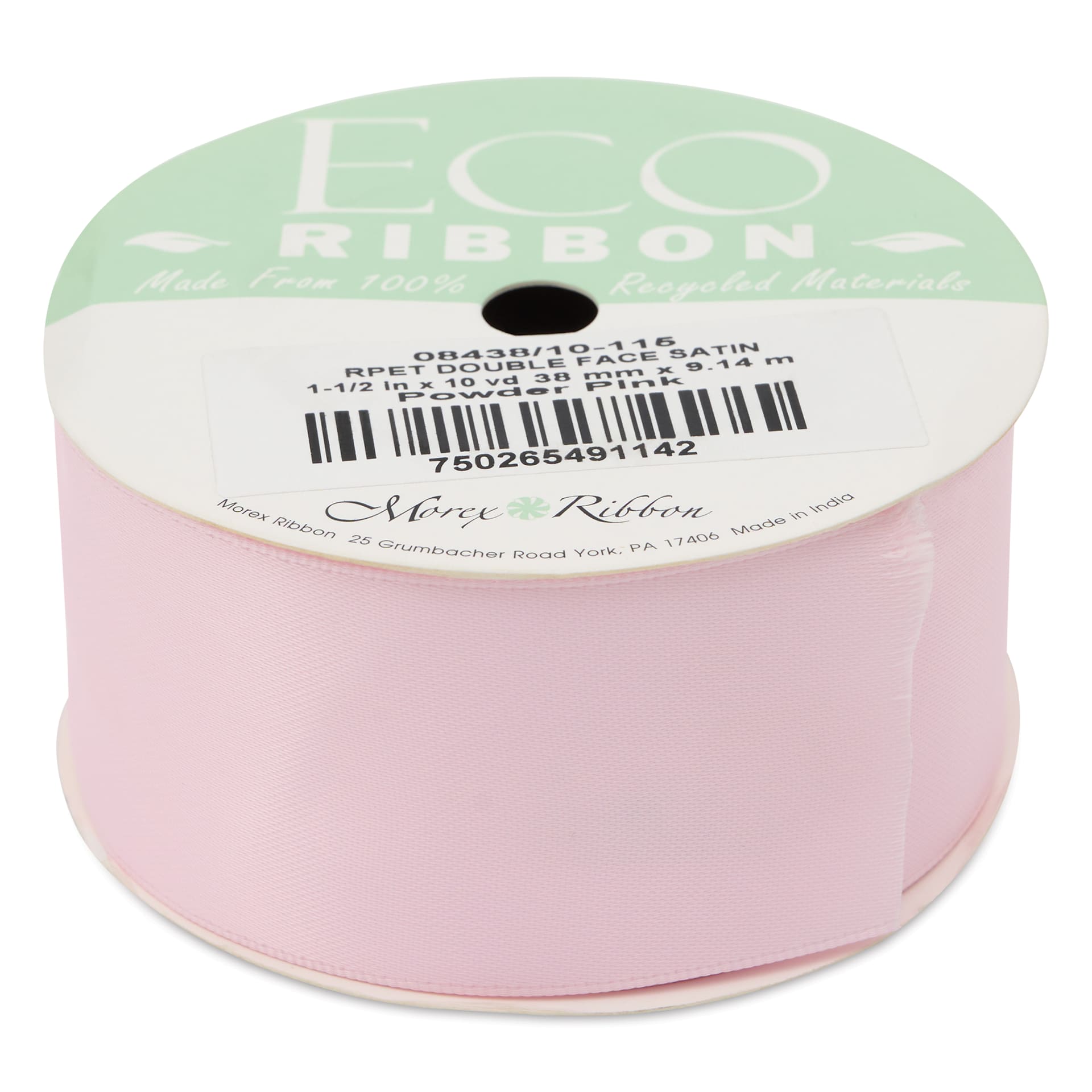 Morex Recycled Double Faced Satin Ribbon - Powder Pink, 1-1/2" x 10 yd, flat