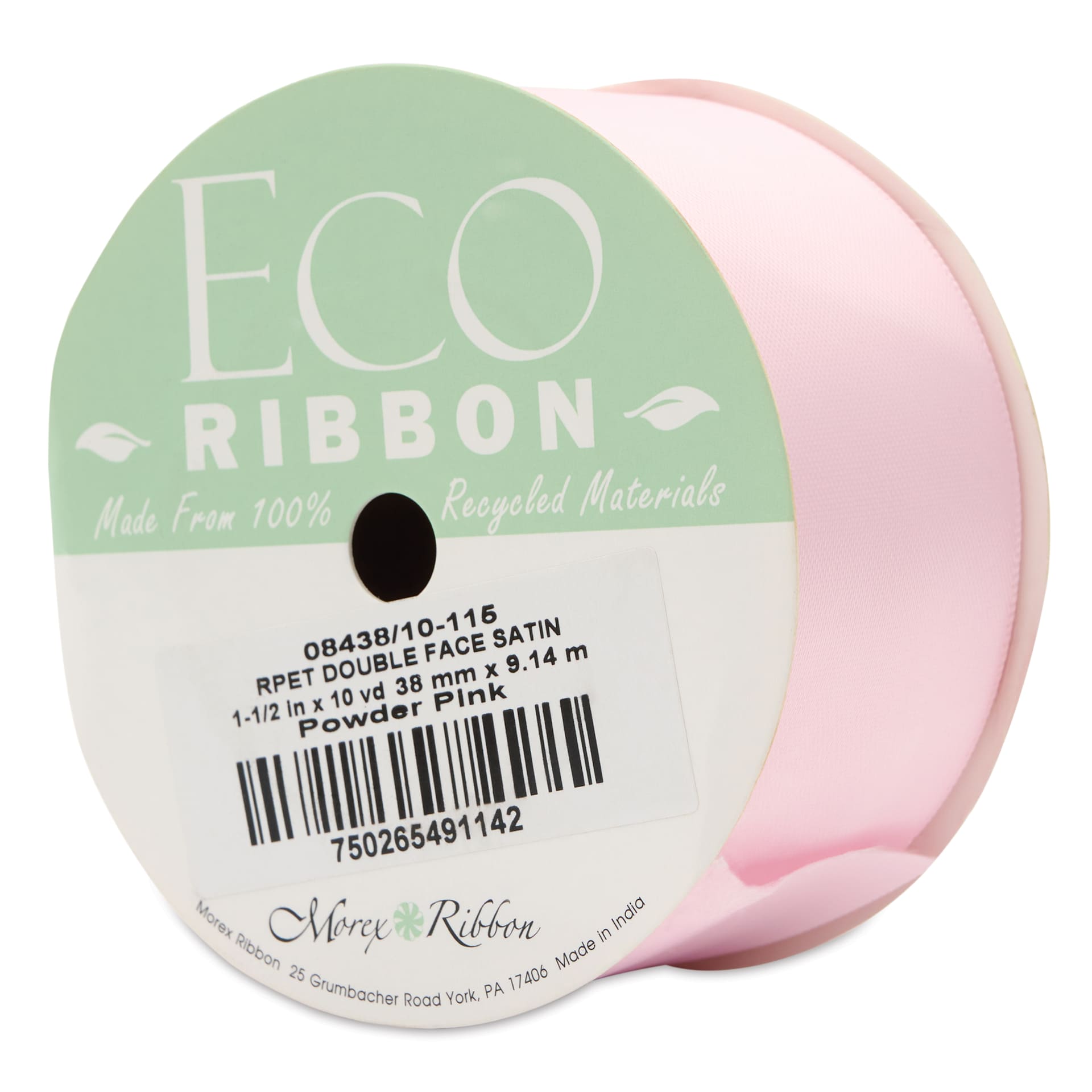 Morex Recycled Double Faced Satin Ribbon - Powder Pink, 1-1/2" x 10 yd, at an angle