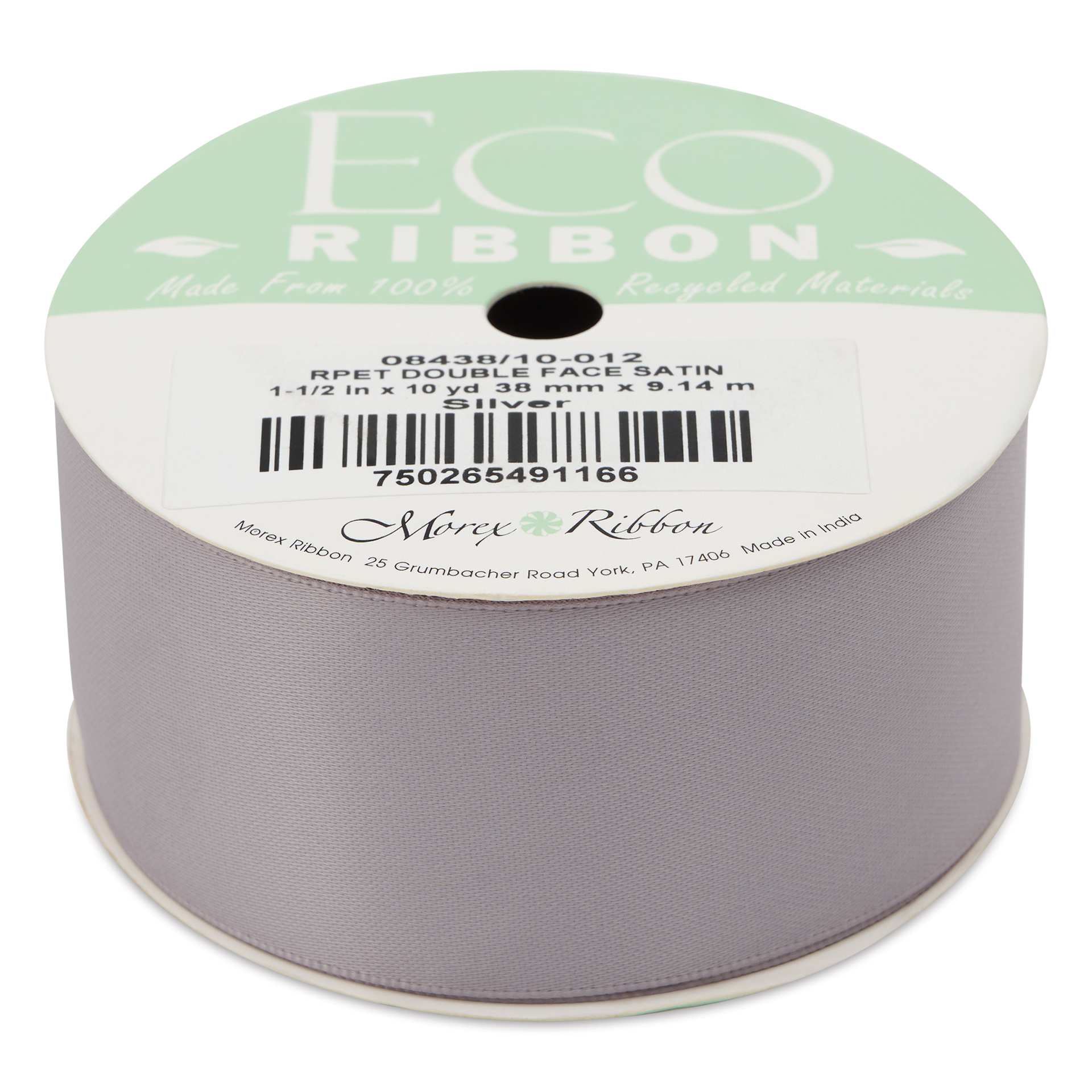 Morex Recycled Double Faced Satin Ribbon - Silver, 1-1/2" x 10 yd, flat