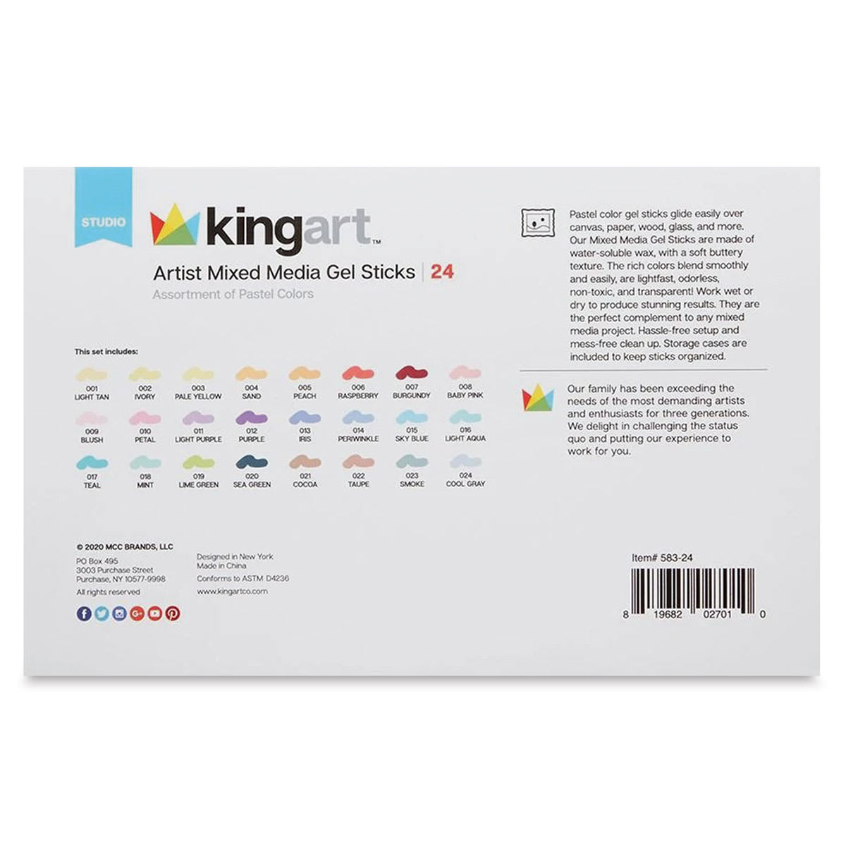 Kingart Mixed Media Gel Sticks - Set of 24, Pastel Colors (back of package)