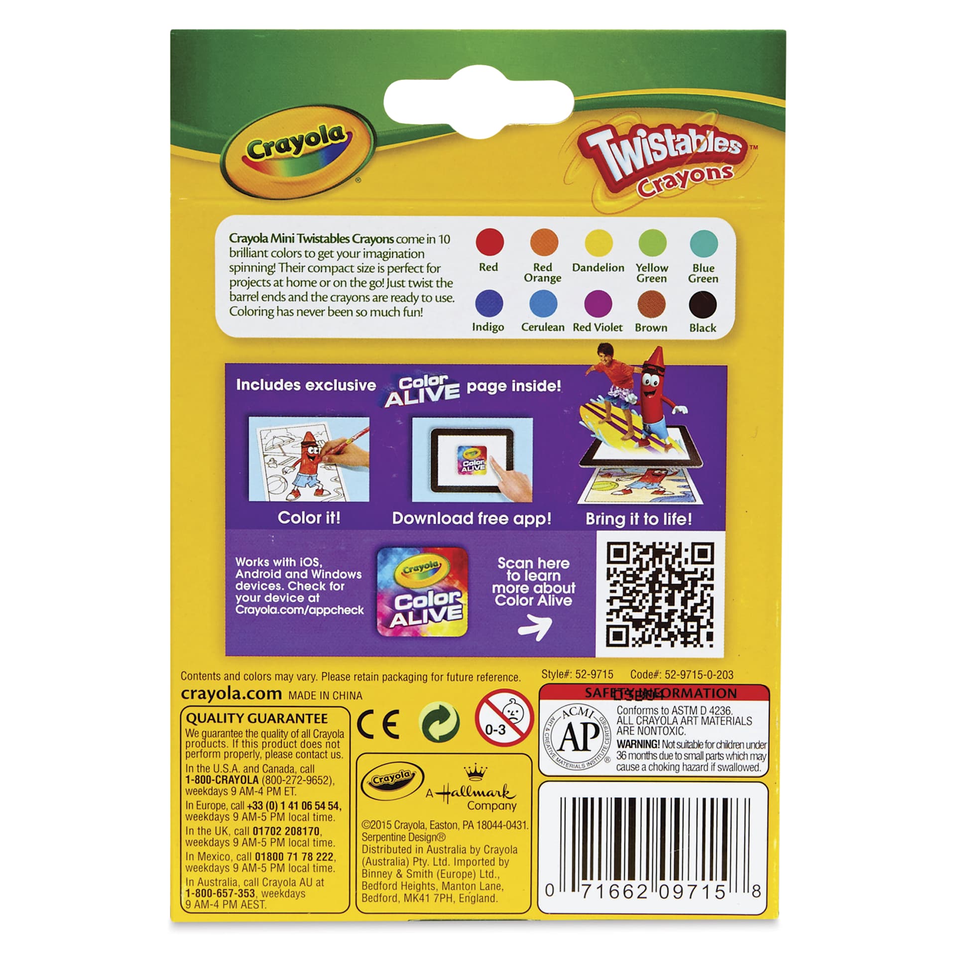 Crayola Twistable Mini Crayon Set - Set of 10, Assorted, back of packaging