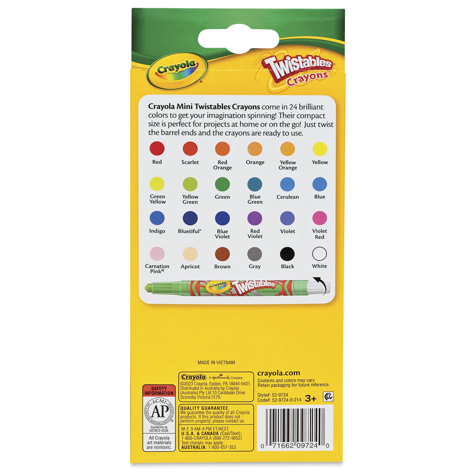 Crayola Twistable Mini Crayon Set - Set of 24, Assorted, back of packaging