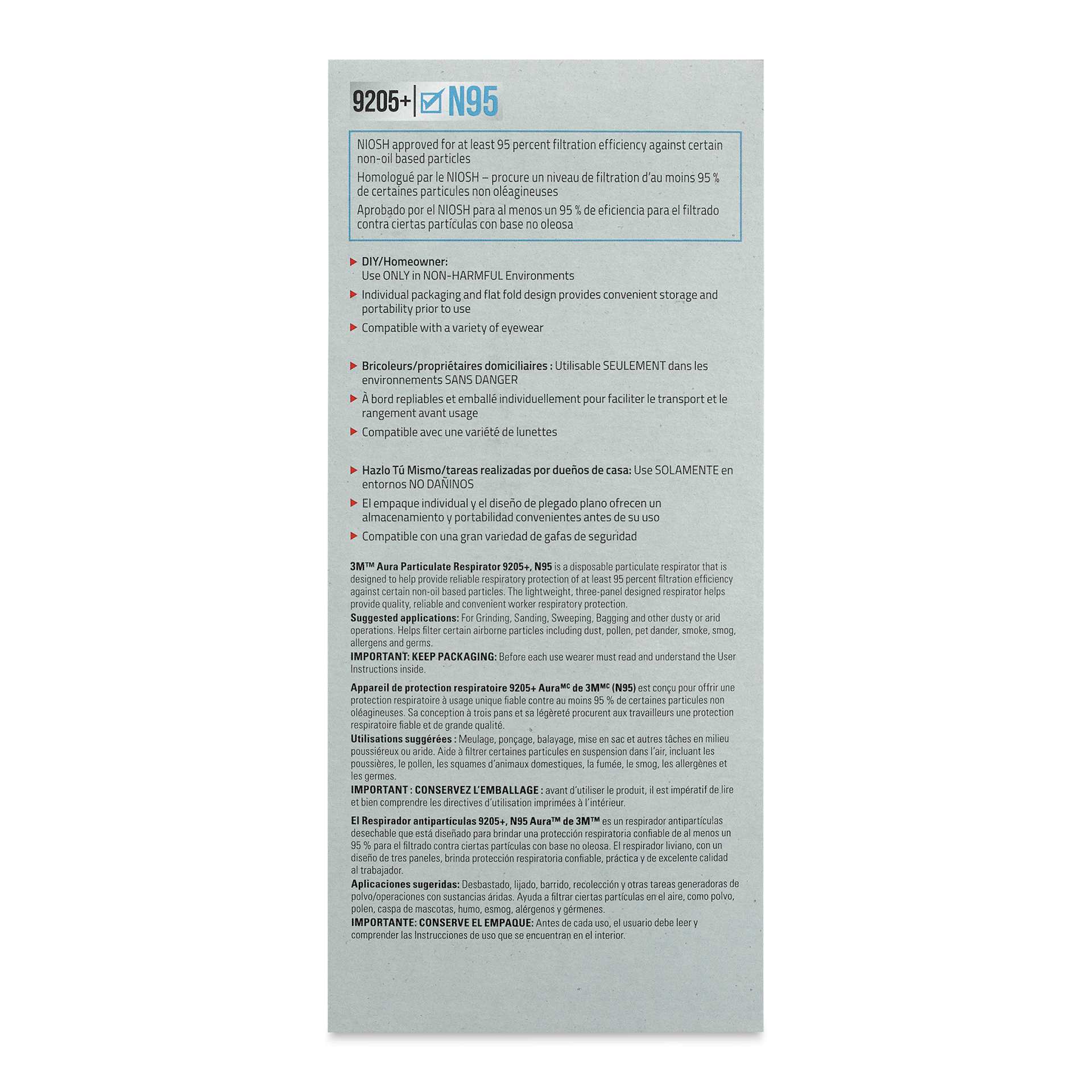 3M Aura N95 Particulate Respirator - Pkg of 20, side of the packaging
