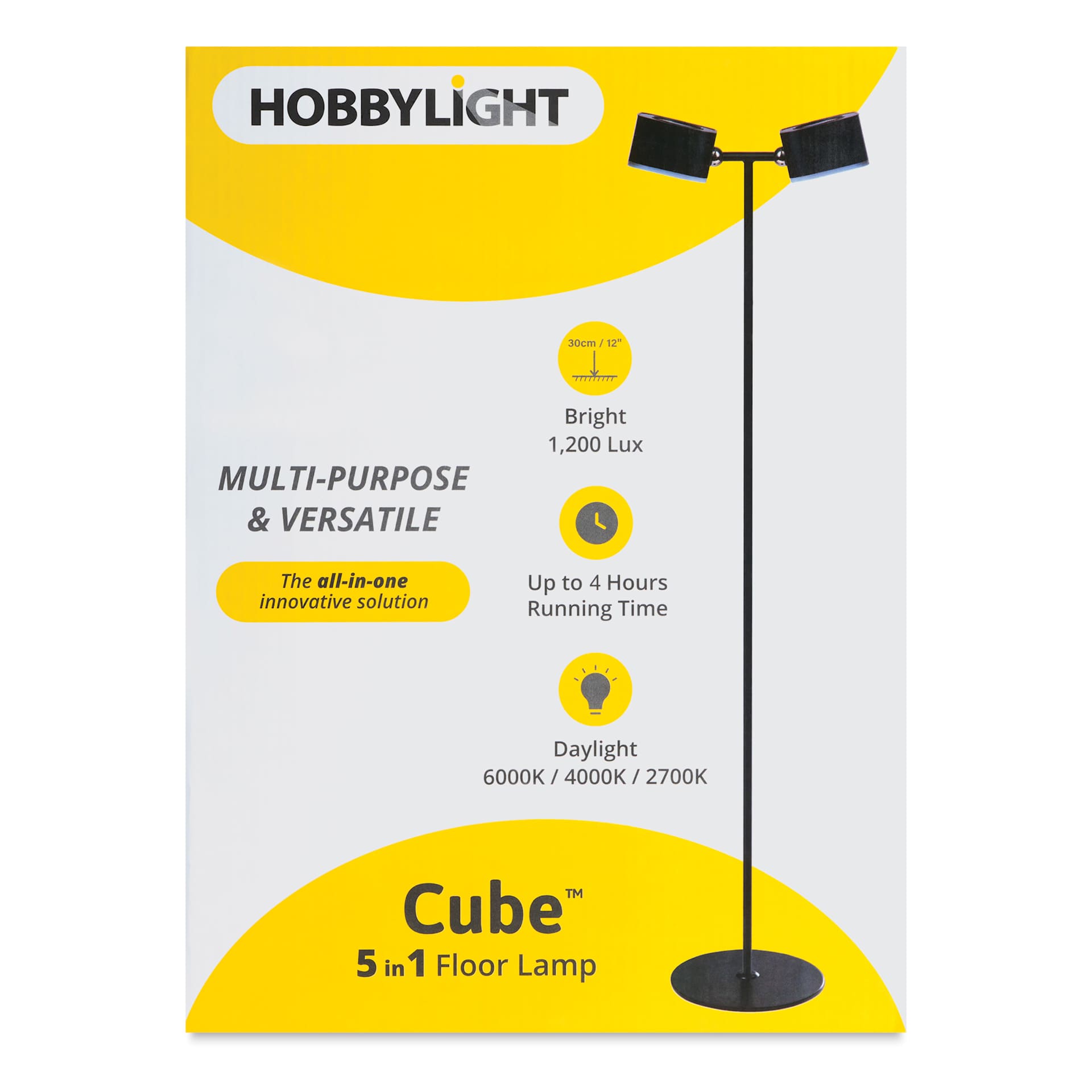 Hobbylight Cube 5-in-1 LED Floor Lamp - Black, front of the packaging
