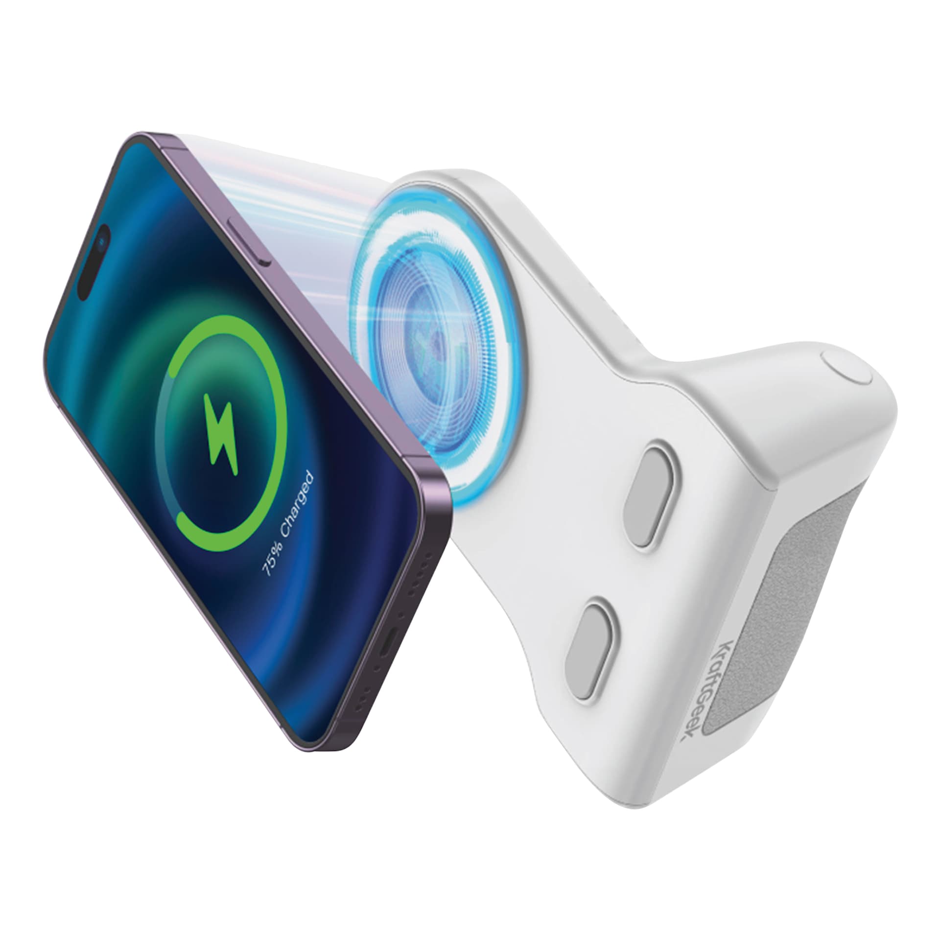 KraftGeek Power Shutter - White, shown with phone, phone not included