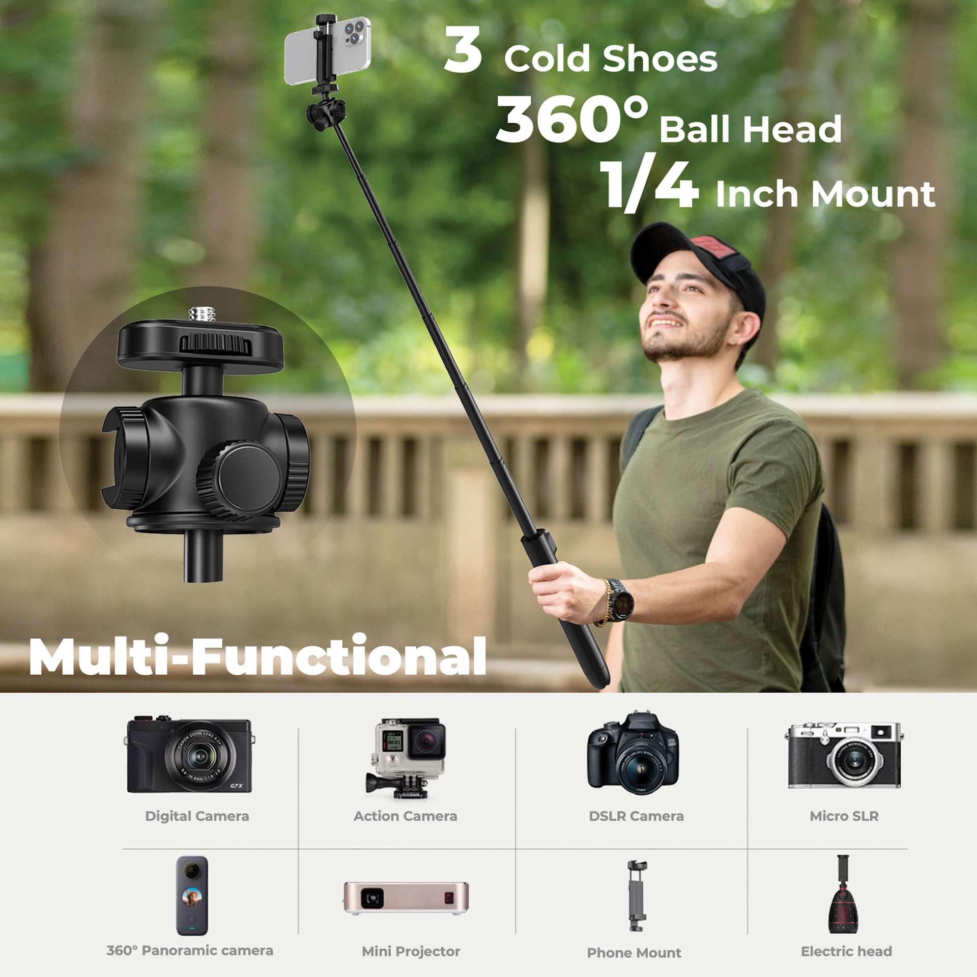 3 cold shoes, 360 degree ball head, 1/4 inch mount