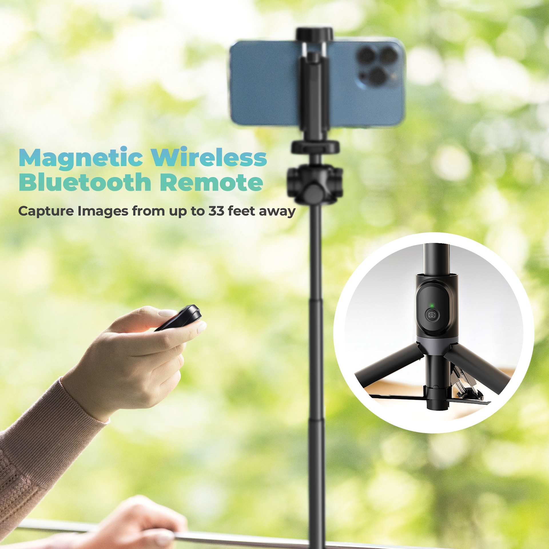 Magnetic wireless bluetooth remote, capture images from up to 33 feet away.