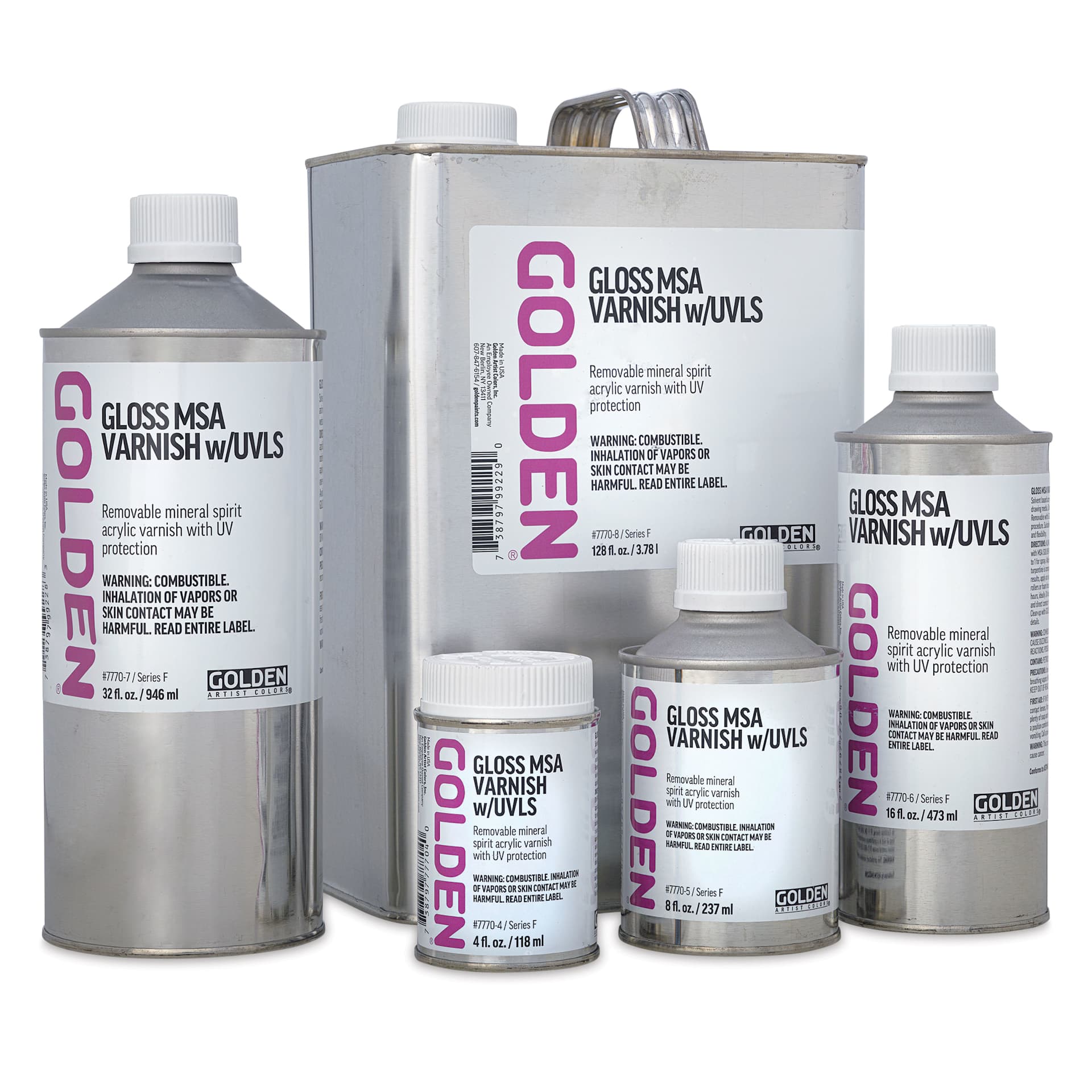 Golden MSA Varnishes with UVLS Gloss shown in a variety of sizes Golden MSA Varnishes with UVLS Gloss shown in a variety of sizes