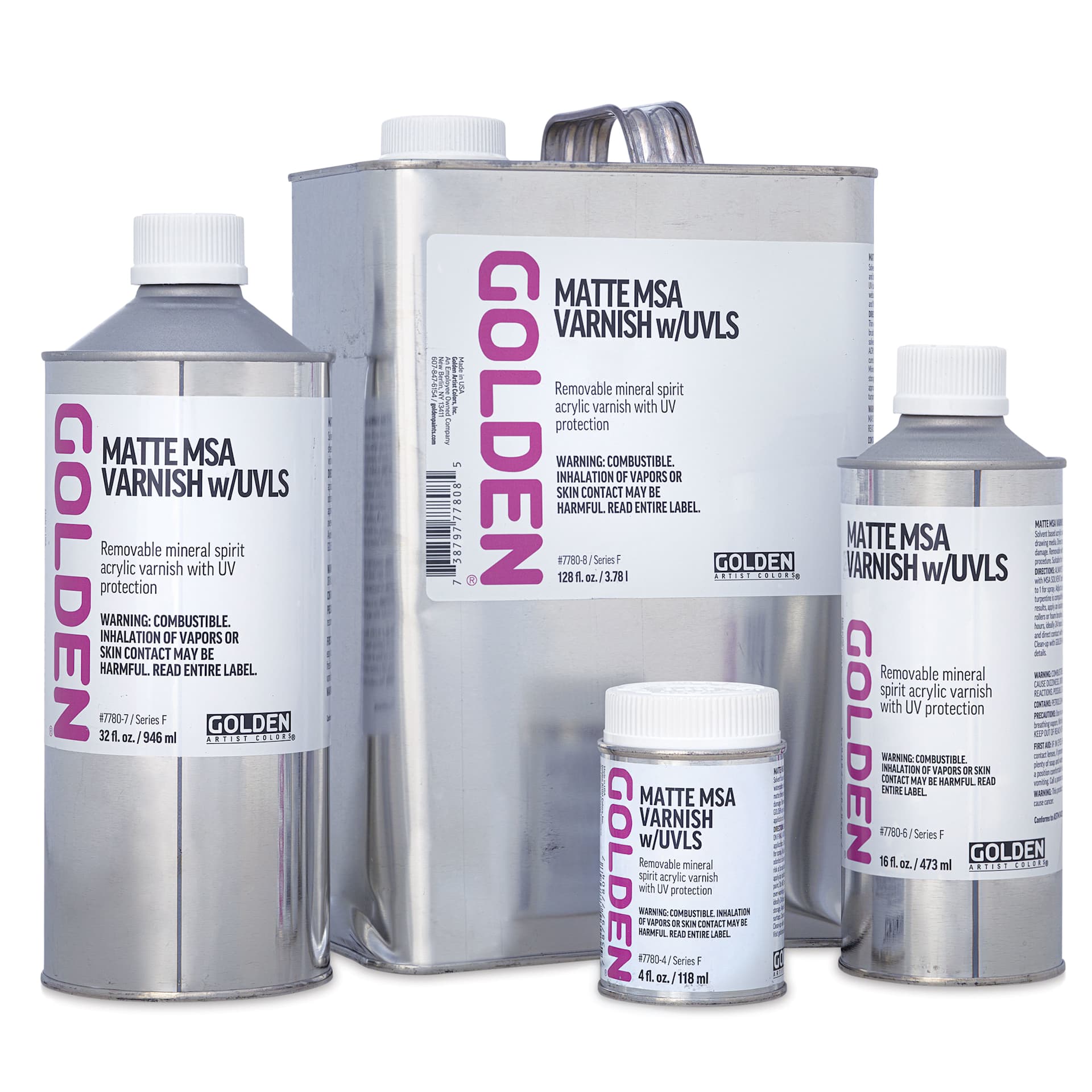 Golden MSA Varnishes with UVLS Matte shown in a variety of sizes Golden MSA Varnishes with UVLS Matte shown in a variety of sizes