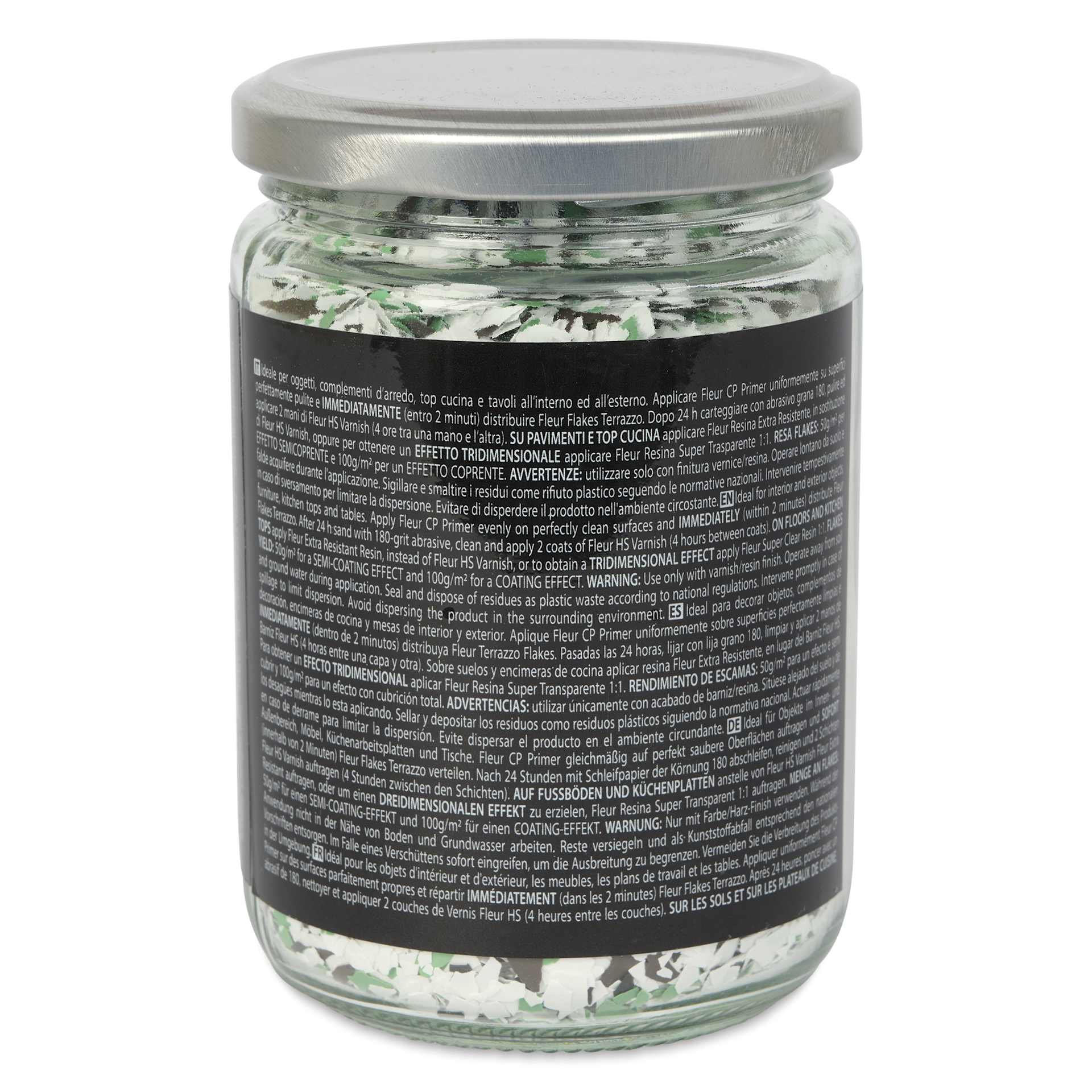 Fleur Terrazzo Effect Flakes - Green Jasper, 200 g back of jar