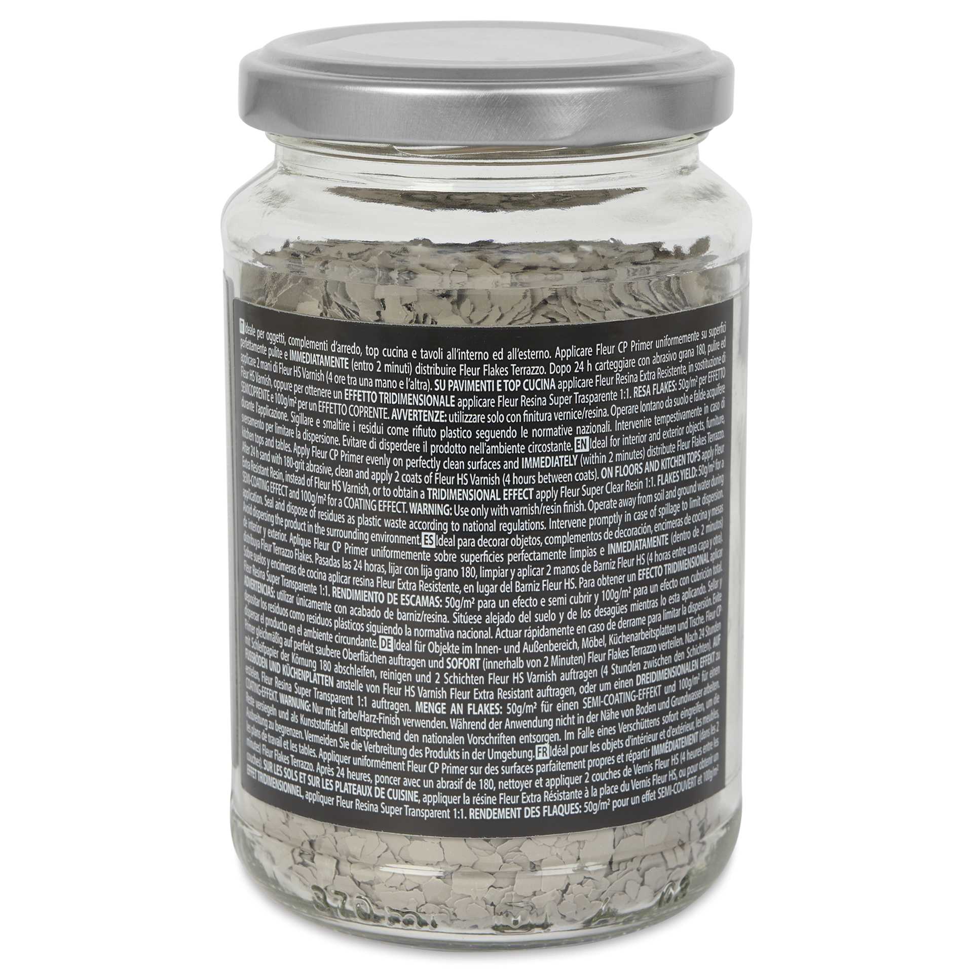 Fleur Terrazzo Effect Flakes - Taupe Quartz, 200 g side of jar