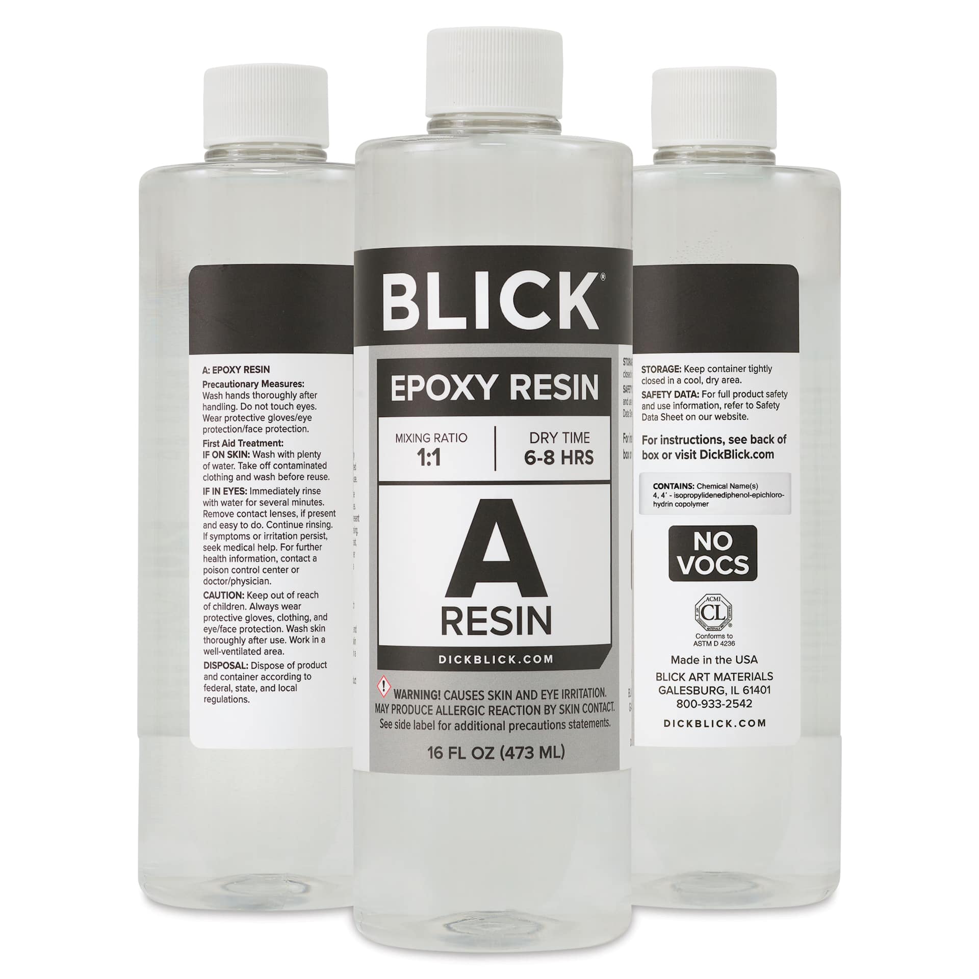 Front, back, and side of Blick Epoxy part A 32 oz bottle.