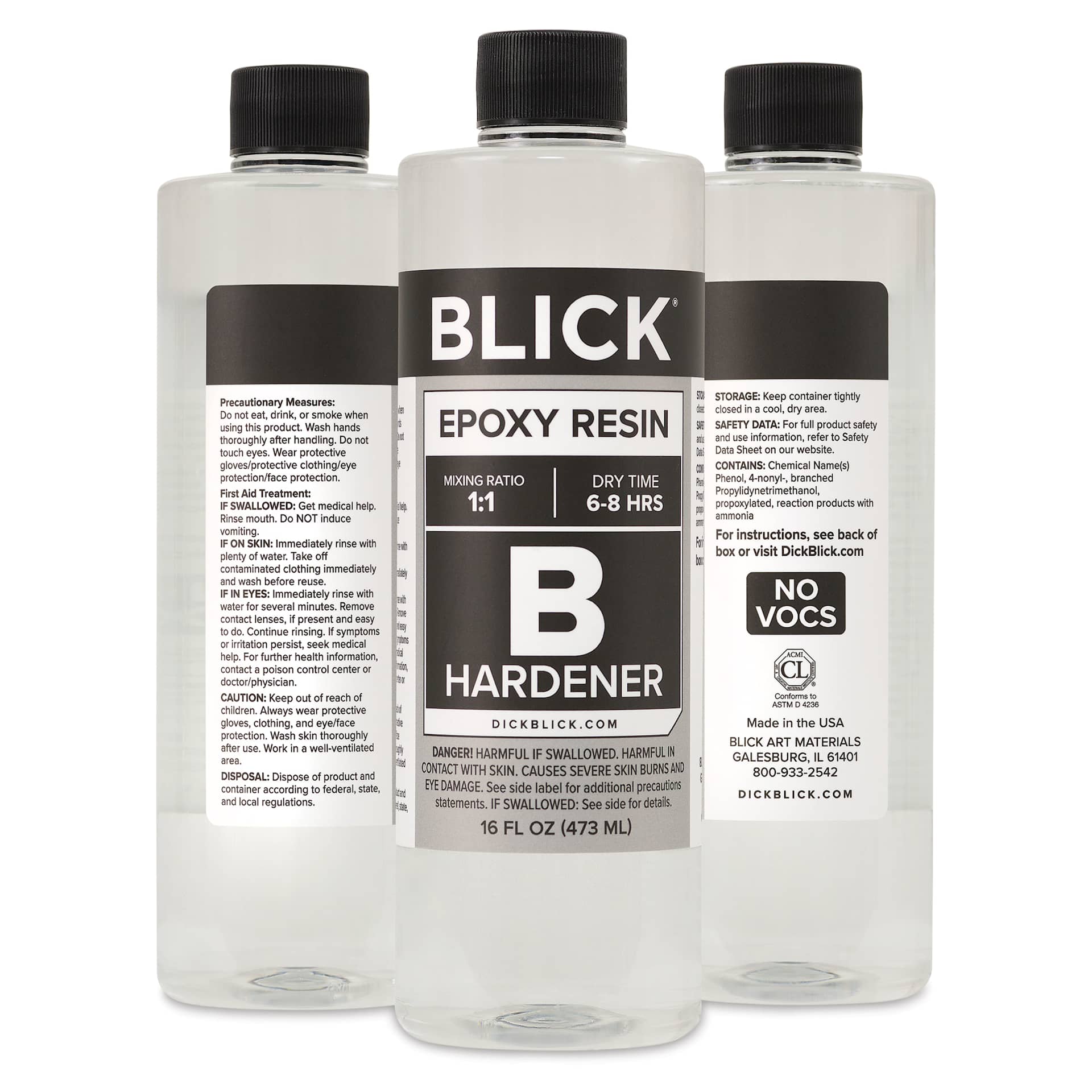 Front, back, and side of Blick Epoxy part B 32 oz bottle.