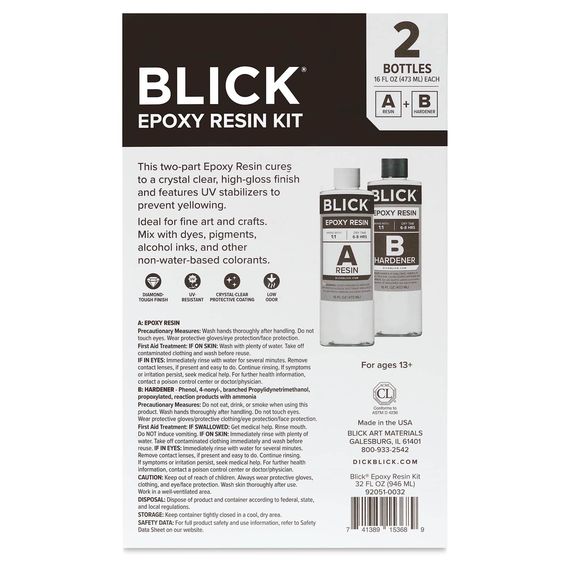 Back of package for Blick Epoxy Resin Kit - 32 oz