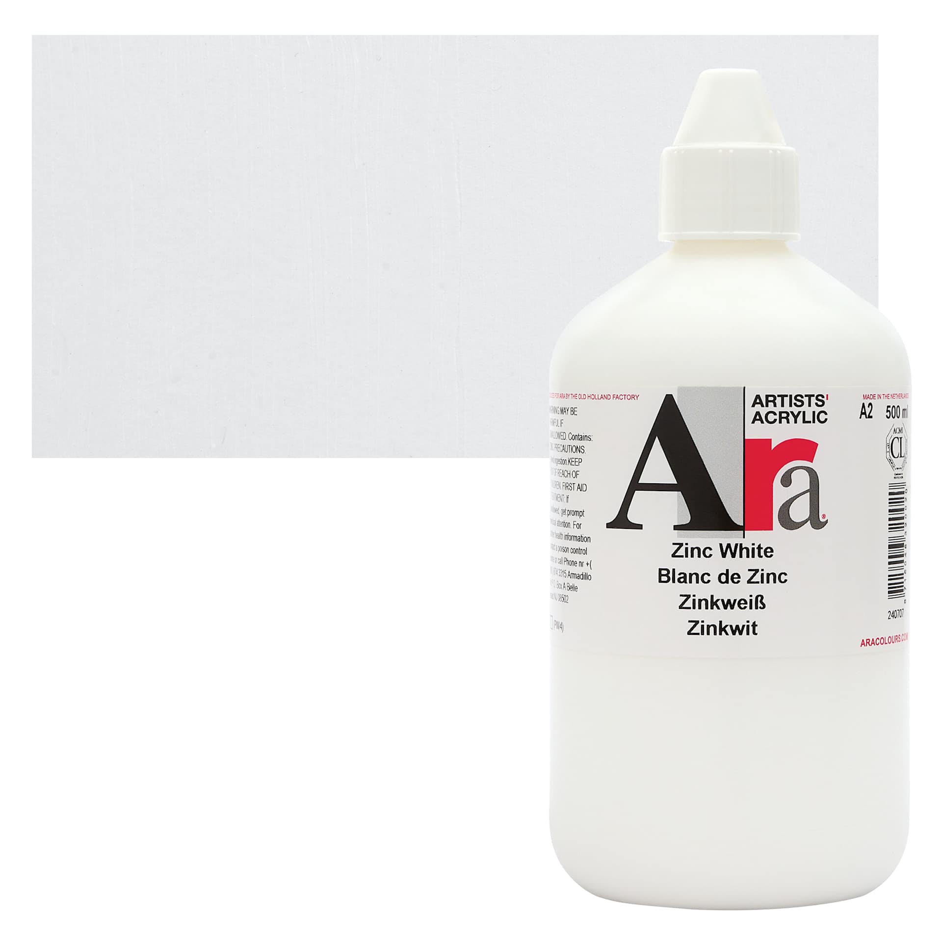 Ara Artists’ Acrylic Paint - Zinc White, 500 ml bottle and swatch