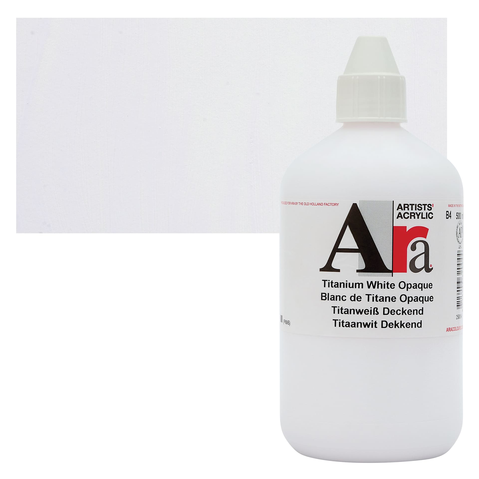 Ara Artists’ Acrylic Paint - Opaque Titanium White, 500 ml bottle and swatch