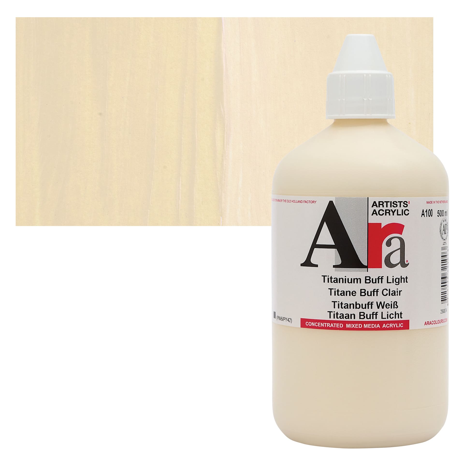 Ara Artists’ Acrylic Paint - Titanium Buff Light, 500 ml bottle and swatch