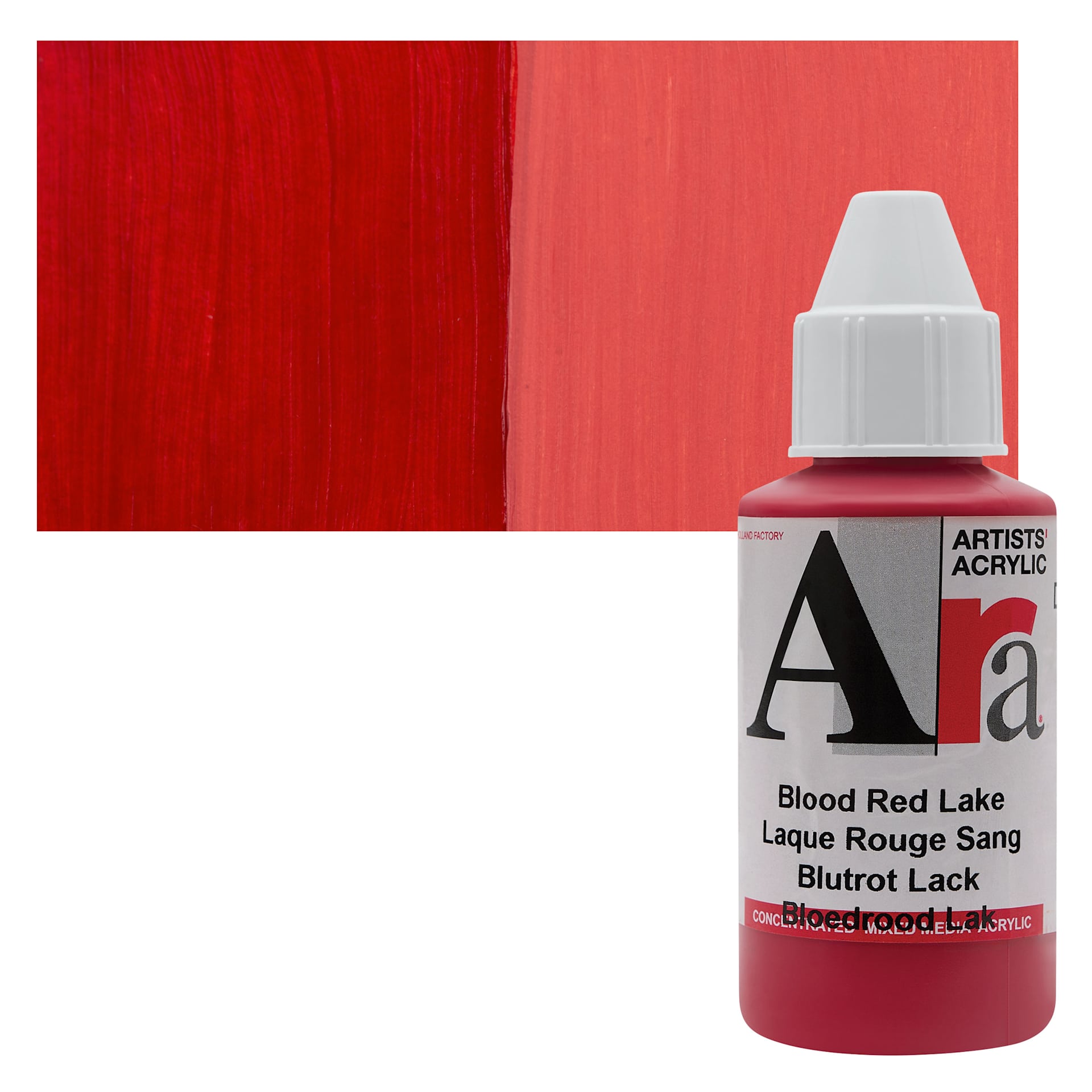 Ara Artists’ Acrylic Paint - Blood Red Lake, 100 ml bottle and swatch