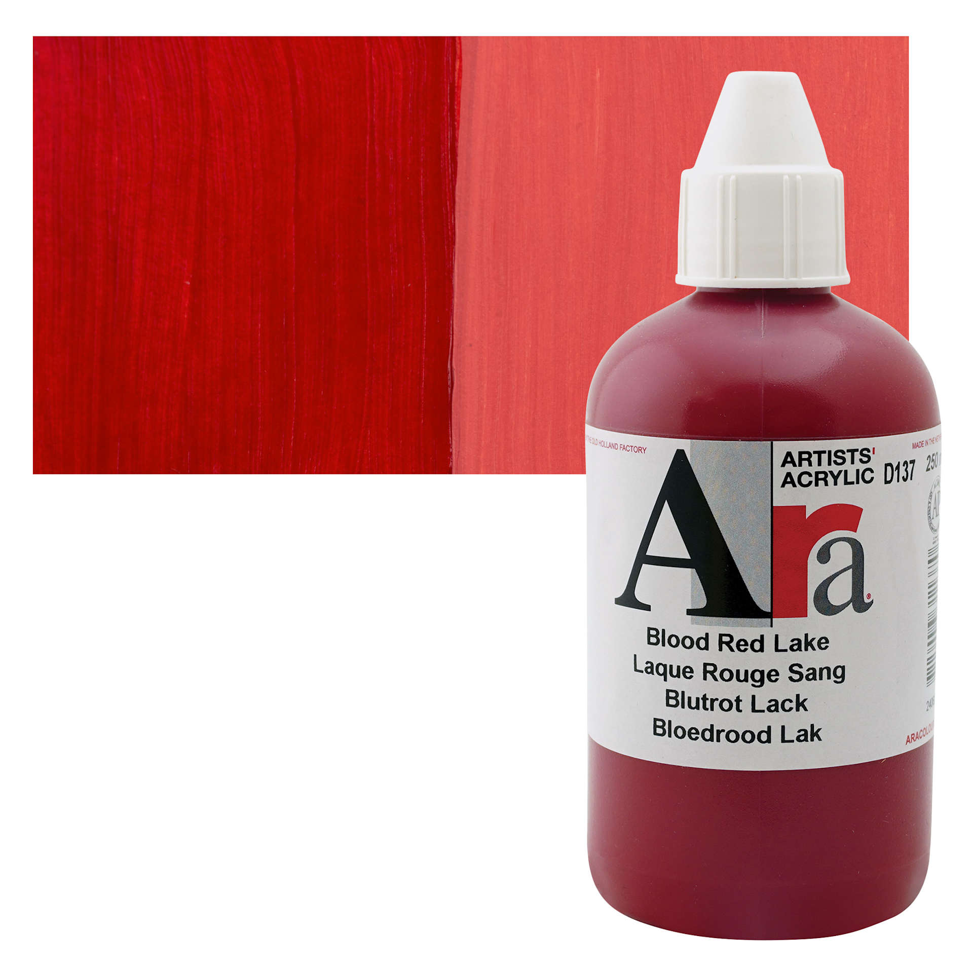 Ara Artists’ Acrylic Paint - Blood Red Lake, 250 ml bottle and swatch