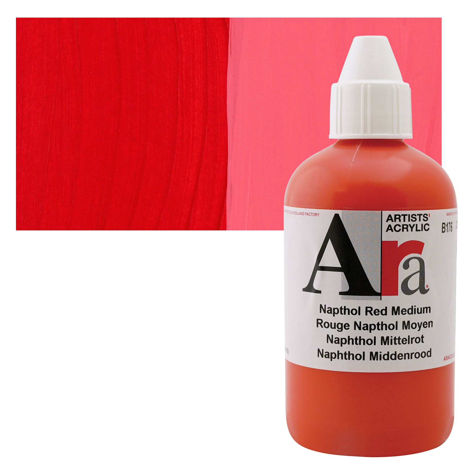 Ara Artists’ Acrylic Paint - Naphthol Red Medium, 250 ml bottle and swatch