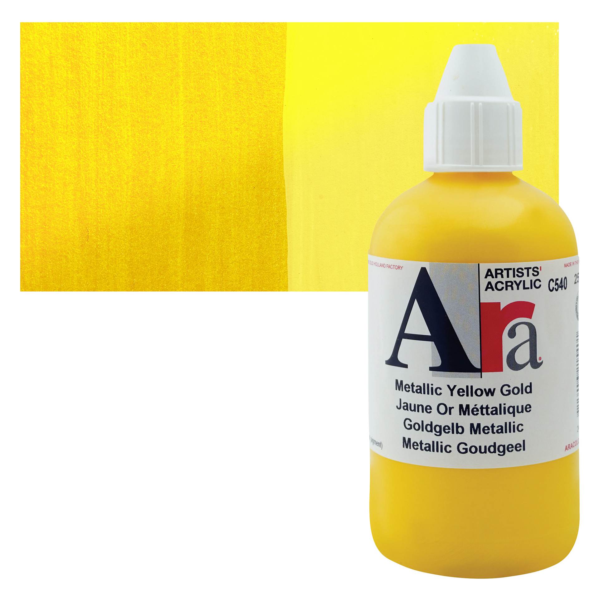 Ara Artists’ Acrylic Paint - Metallic Yellow Gold, 250 ml bottle and swatch