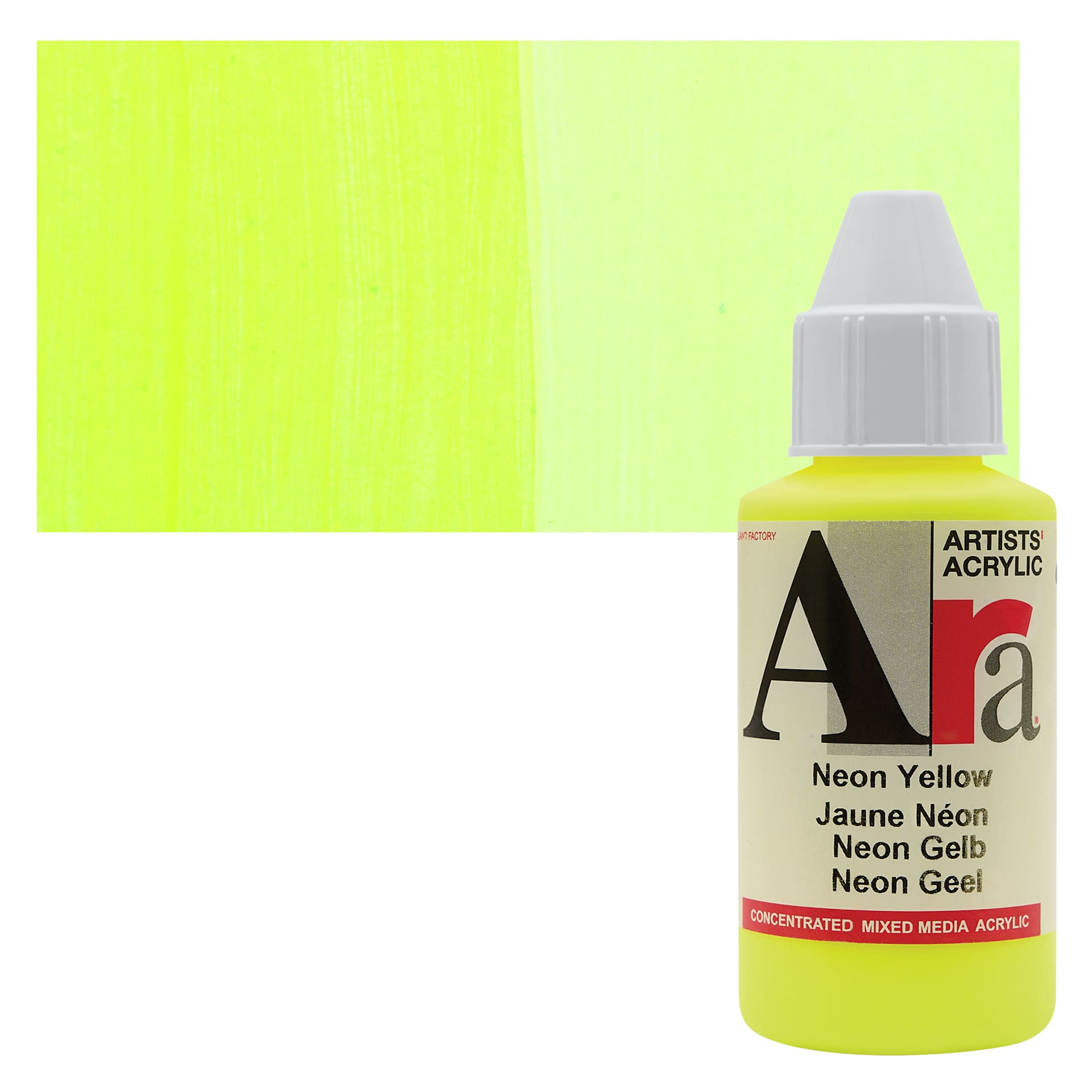 Ara Artists’ Acrylic Paint - Neon Yellow, 100 ml bottle and swatch
