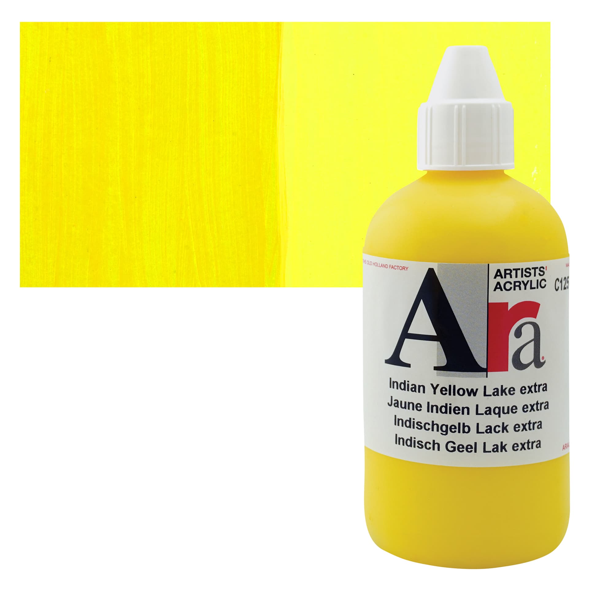 Ara Artists’ Acrylic Paint - Indian Yellow Lake Extra, 250 ml bottle and swatch