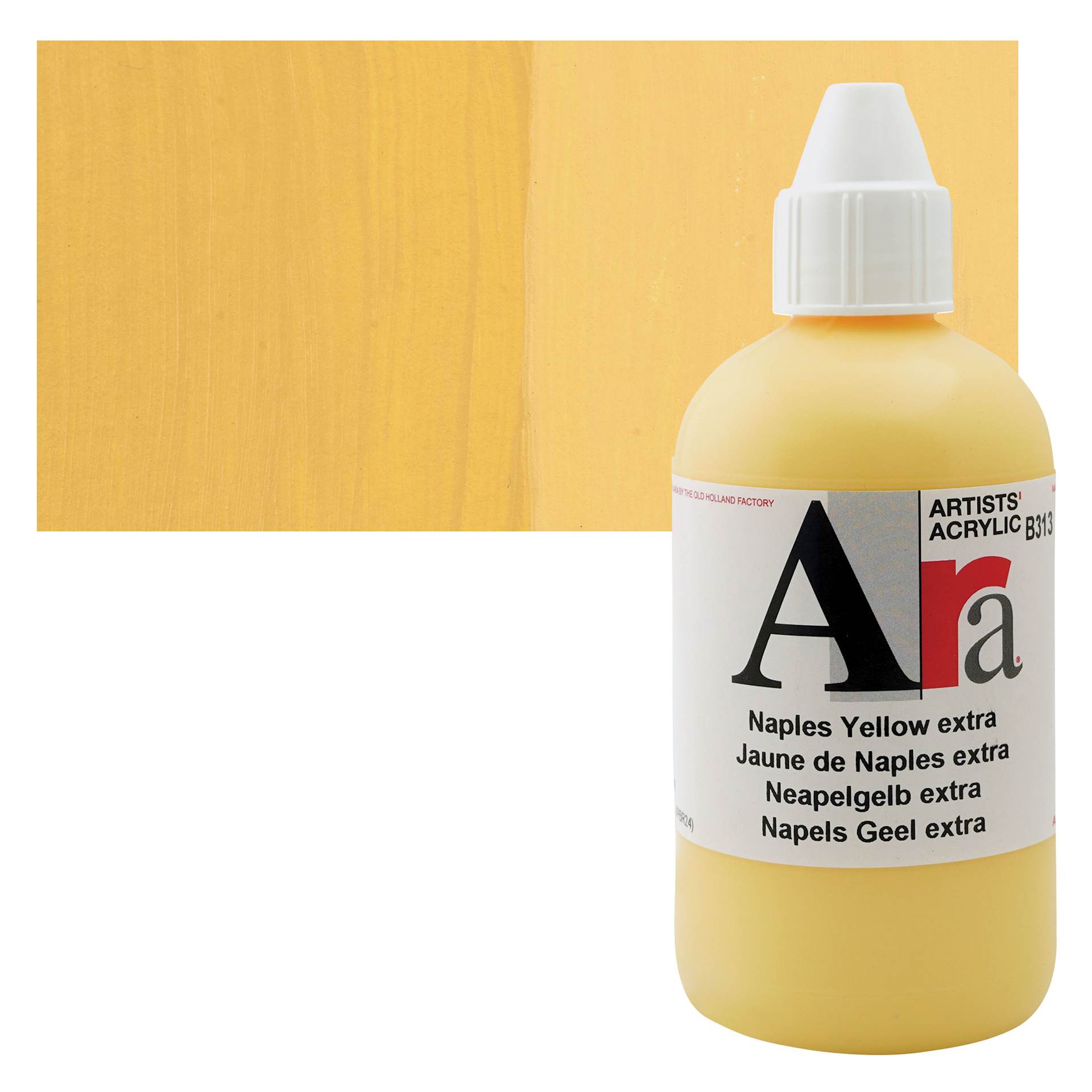 Ara Artists’ Acrylic Paint - Naples Yellow Extra, 250 ml bottle and swatch