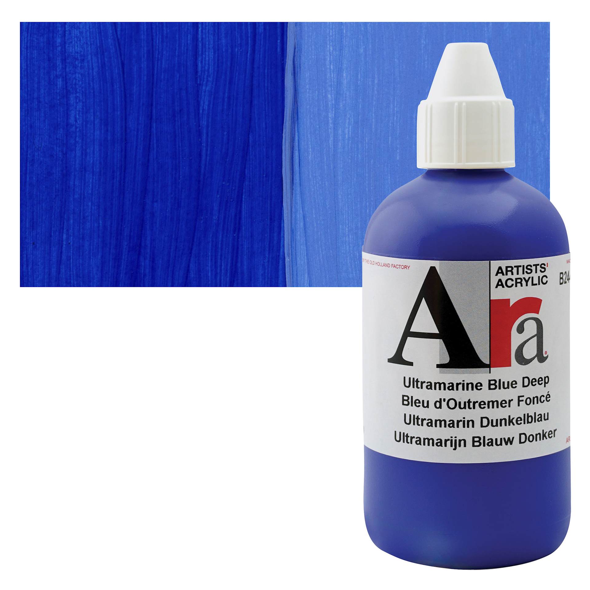 Ara Artists’ Acrylic Paint - Ultramarine Blue Deep, 250 ml bottle and swatch