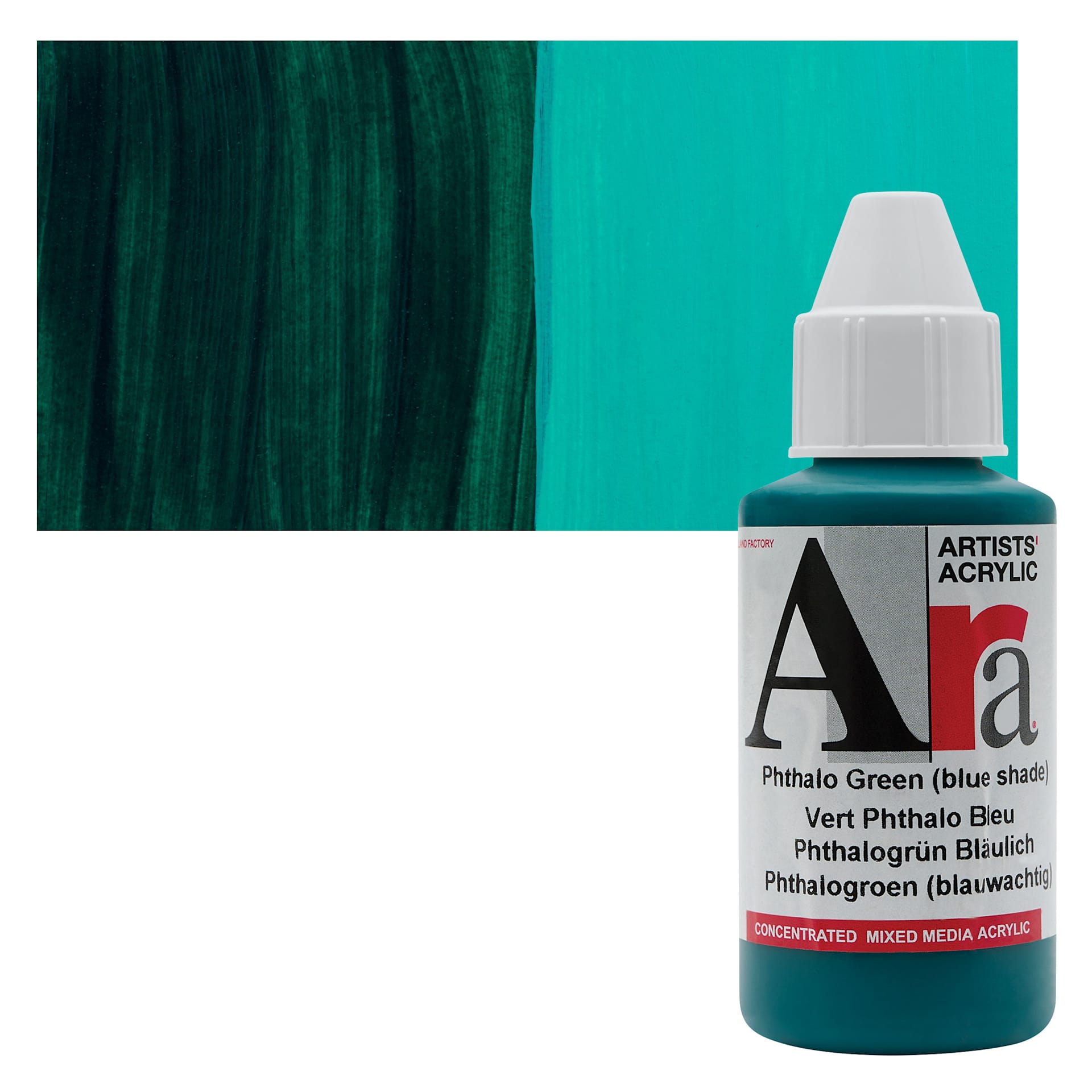 Ara Artists’ Acrylic Paint - Phthalo Green Blue Shade, 100 ml bottle and swatch