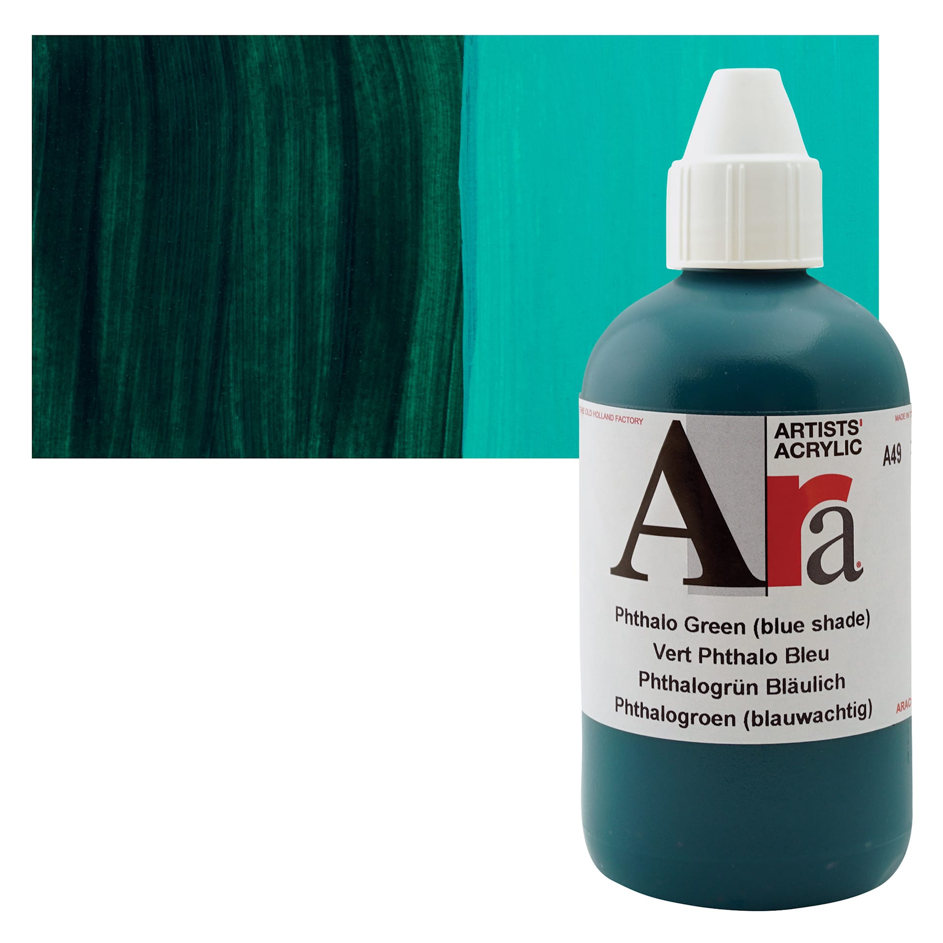 Ara Artists’ Acrylic Paint - Phthalo Green Blue Shade, 250 ml bottle and swatch