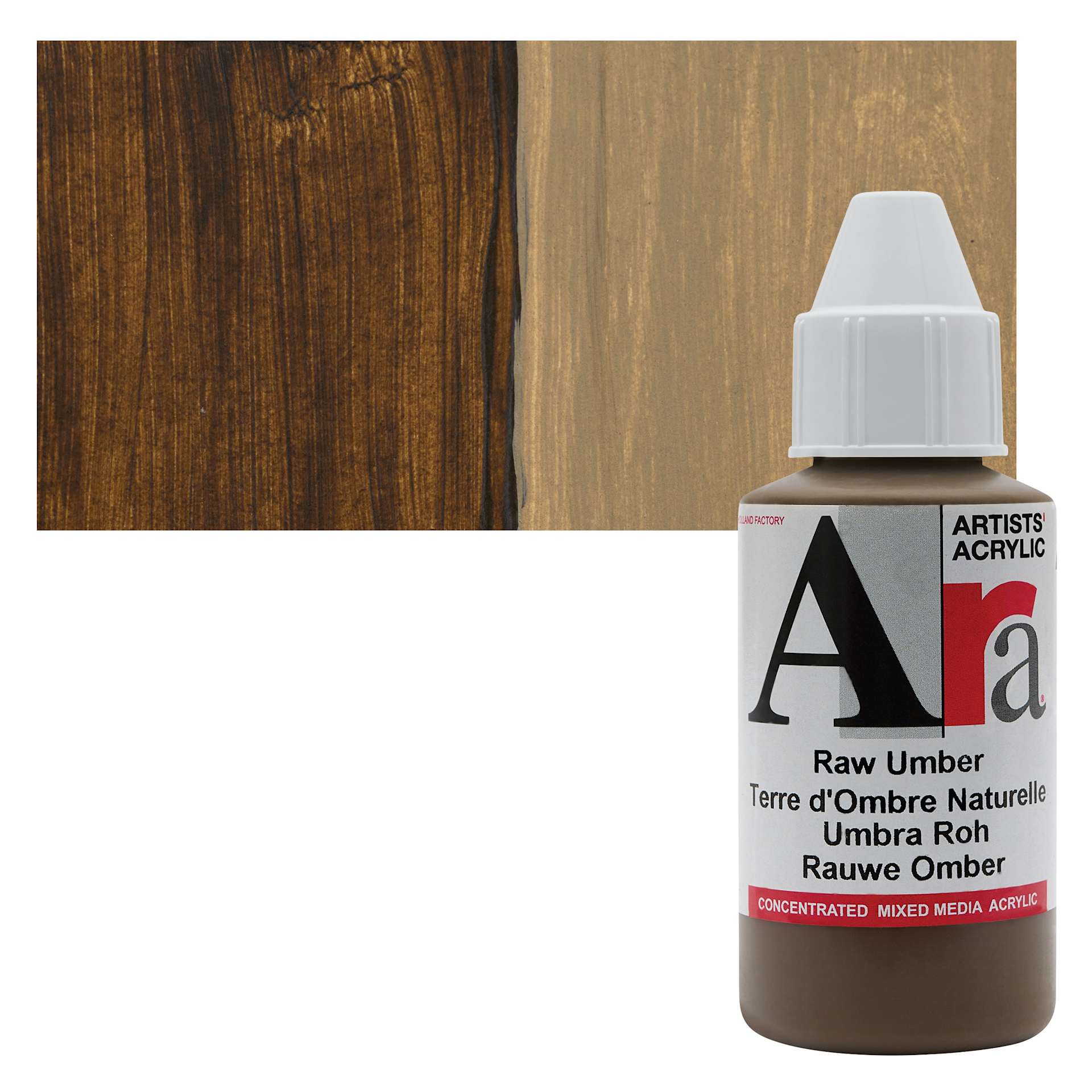 Ara Artists’ Acrylic Paint - Raw Umber, 100 ml bottle and swatch