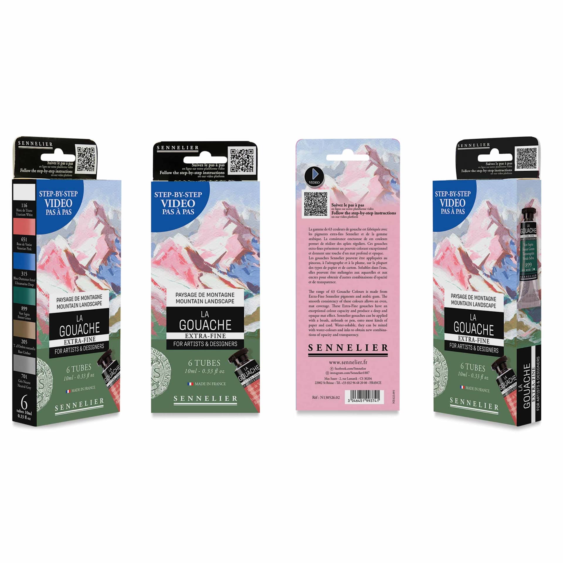 Sennelier Extra Fine Gouache - Set of 6, Mountain Landscape, 10 ml Tubes, the four sides of the package
