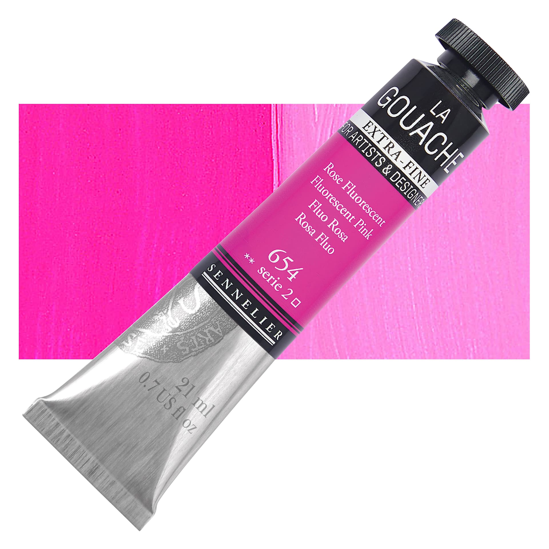 Sennelier Extra Fine Gouache - Fluorescent Pink, 21 ml Tube and swatch