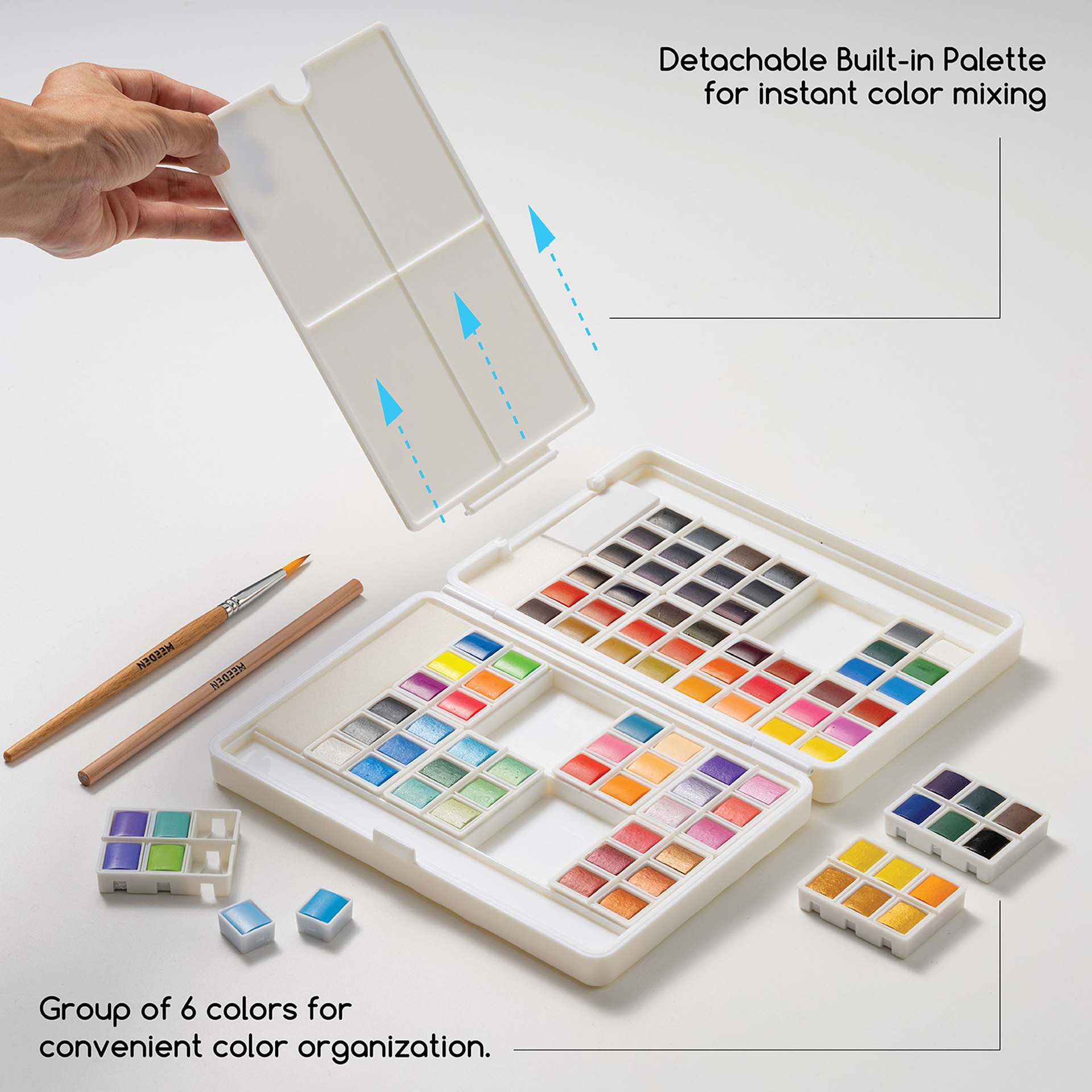 Meeden Watercolor Half Pans - Set of 96. Detachable Built-in Palette for instant color mixing. Group of 6 colors for convenient color organization