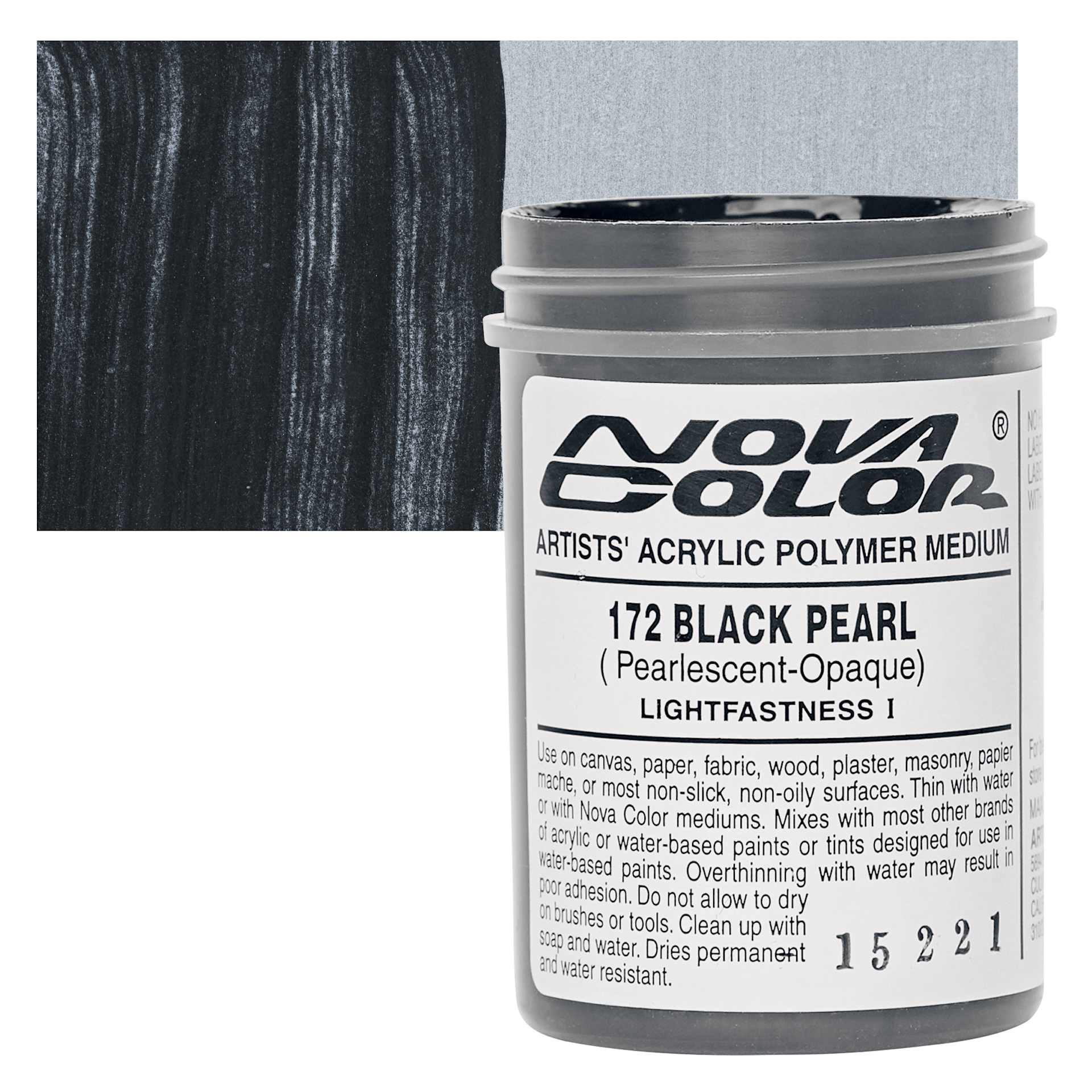 Nova Color Artists’ Acrylic Polymer Paint - Black Pearl, 118 ml Jar and swatch