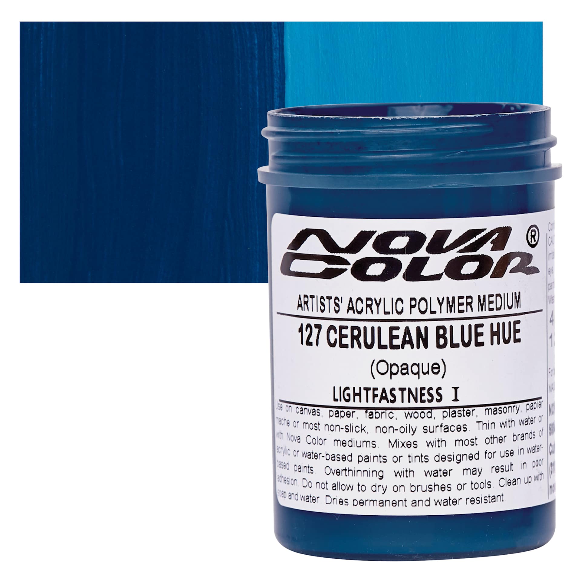 Nova Color Artists’ Acrylic Polymer Paint - Cerulean Blue Hue, 118 ml Jar and swatch