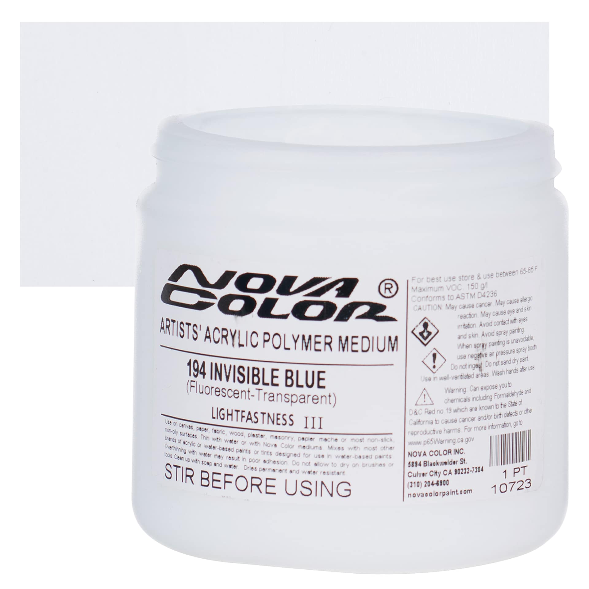 Nova Color Artists’ Acrylic Polymer Paint - Fluorescent Invisible Blue, 473 ml Jar and swatch