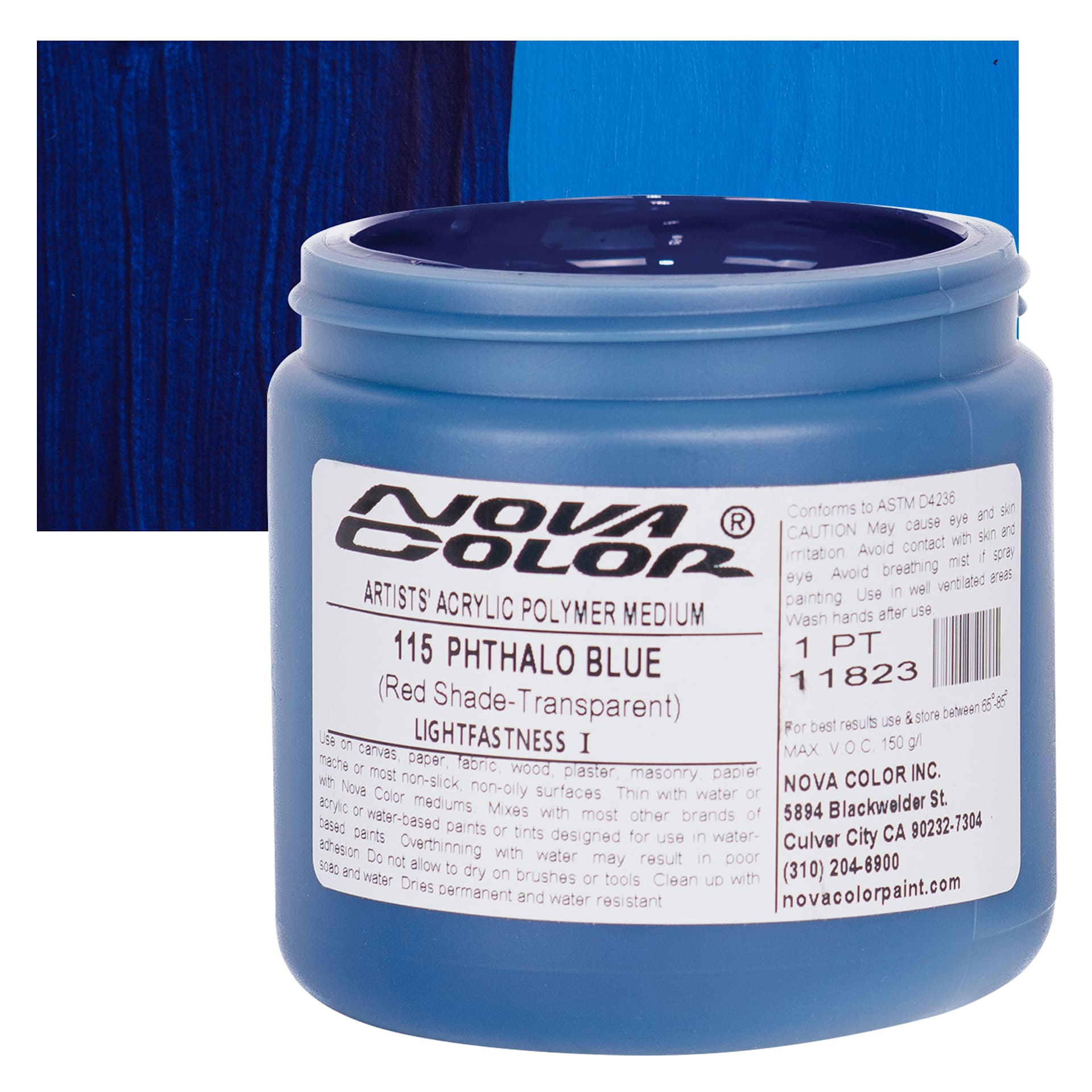 Nova Color Artists’ Acrylic Polymer Paint - Phthalo Blue Red Shade, 473 ml Jar and swatch