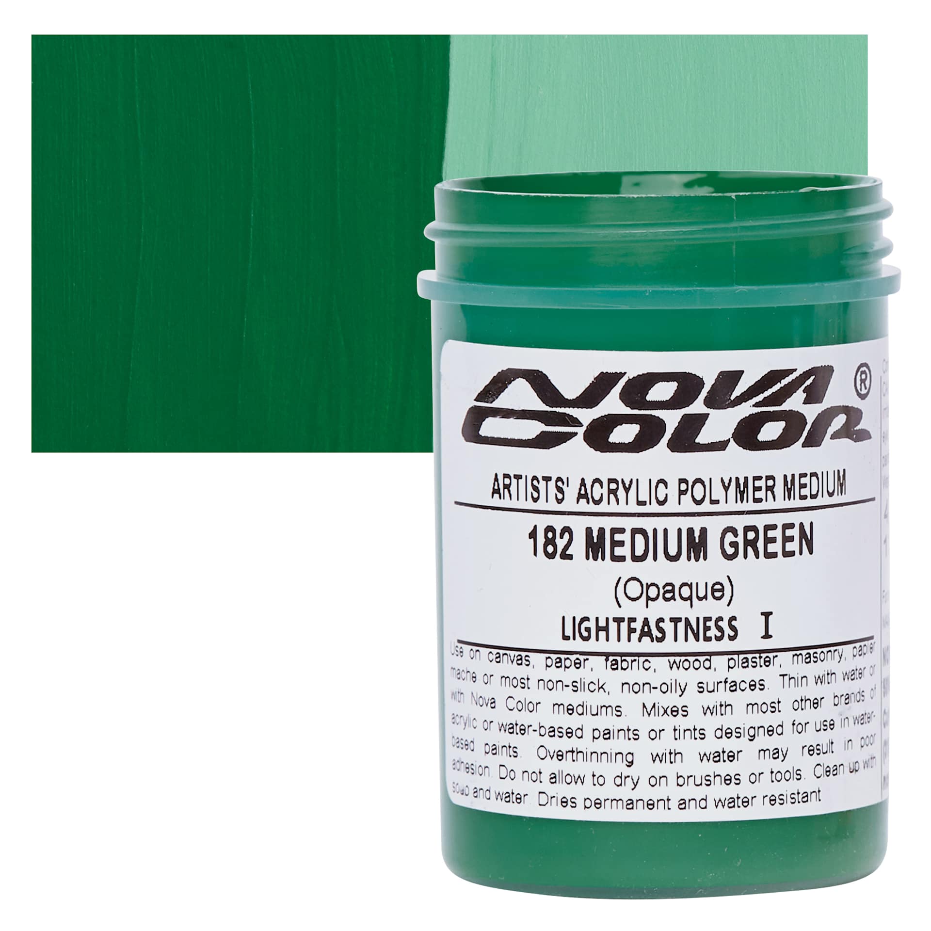 Nova Color Artists’ Acrylic Polymer Paint - Medium Green, 118 ml Jar and swatch