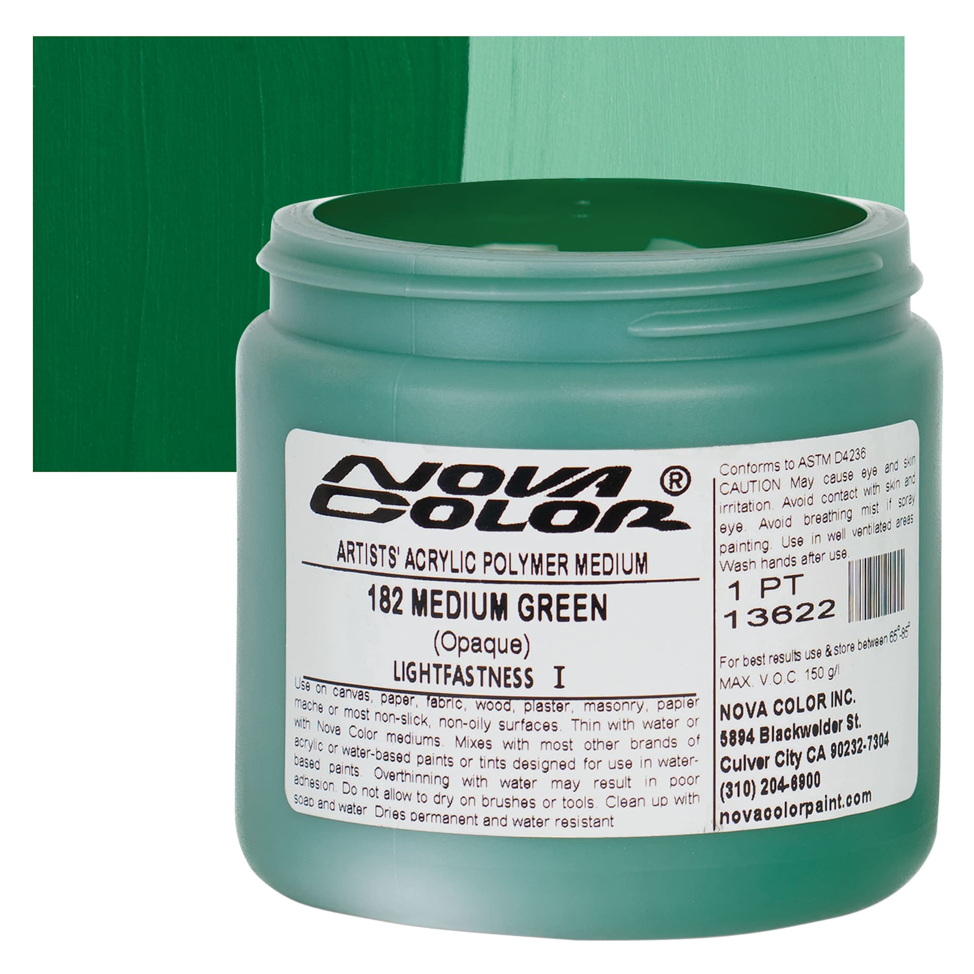 Nova Color Artists’ Acrylic Polymer Paint - Medium Green, 473 ml Jar and swatch