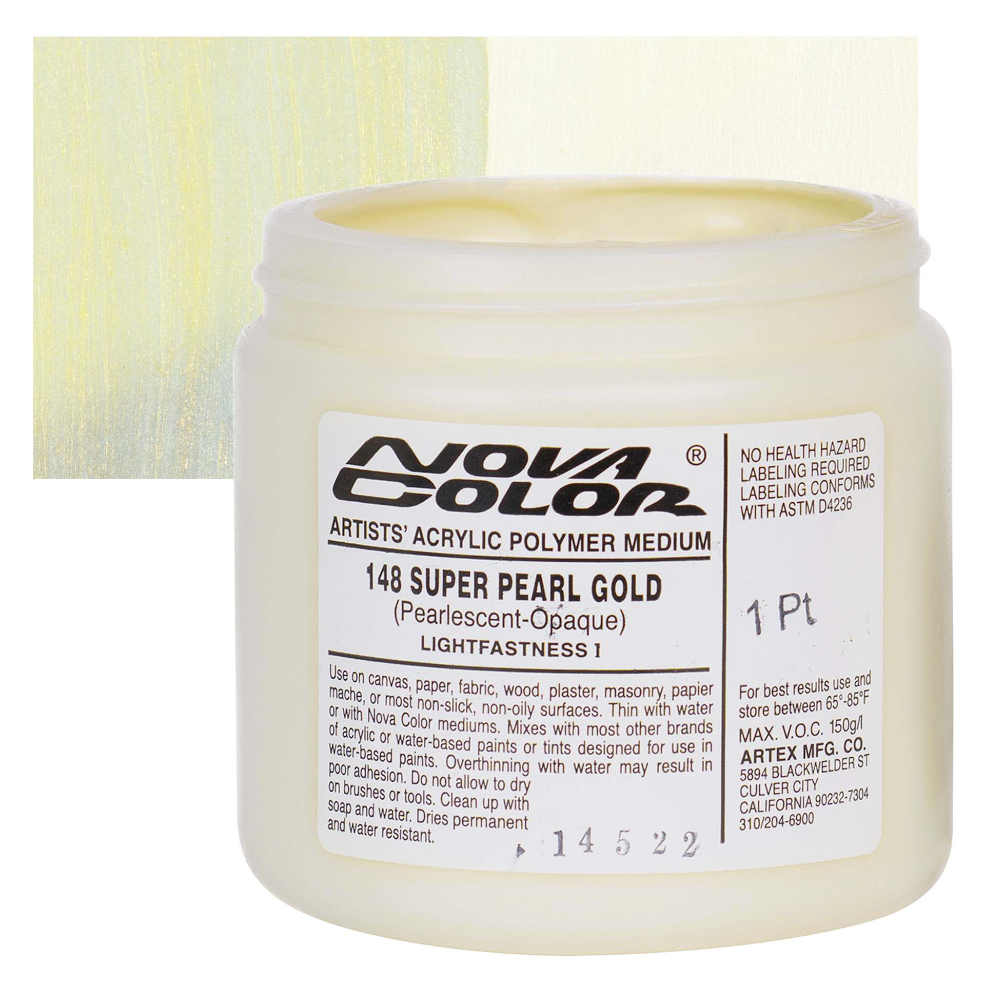 Nova Color Artists’ Acrylic Polymer Paint - #148 Super Pearl Gold, 473 ml Jar and swatch