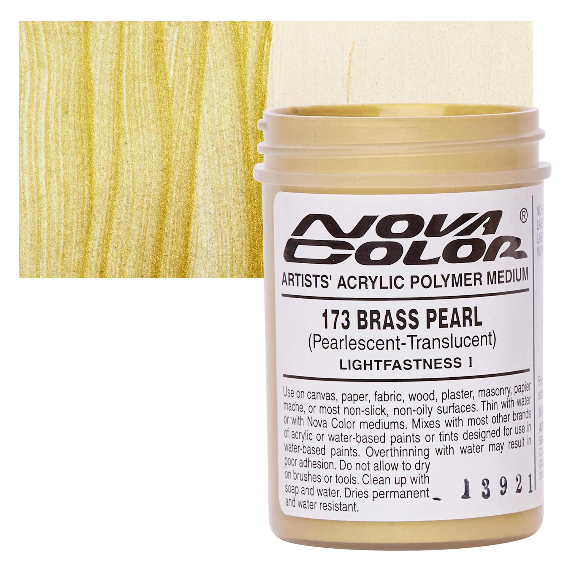 Nova Color Artists’ Acrylic Polymer Paint - Brass Pearl, 118 ml Jar and swatch