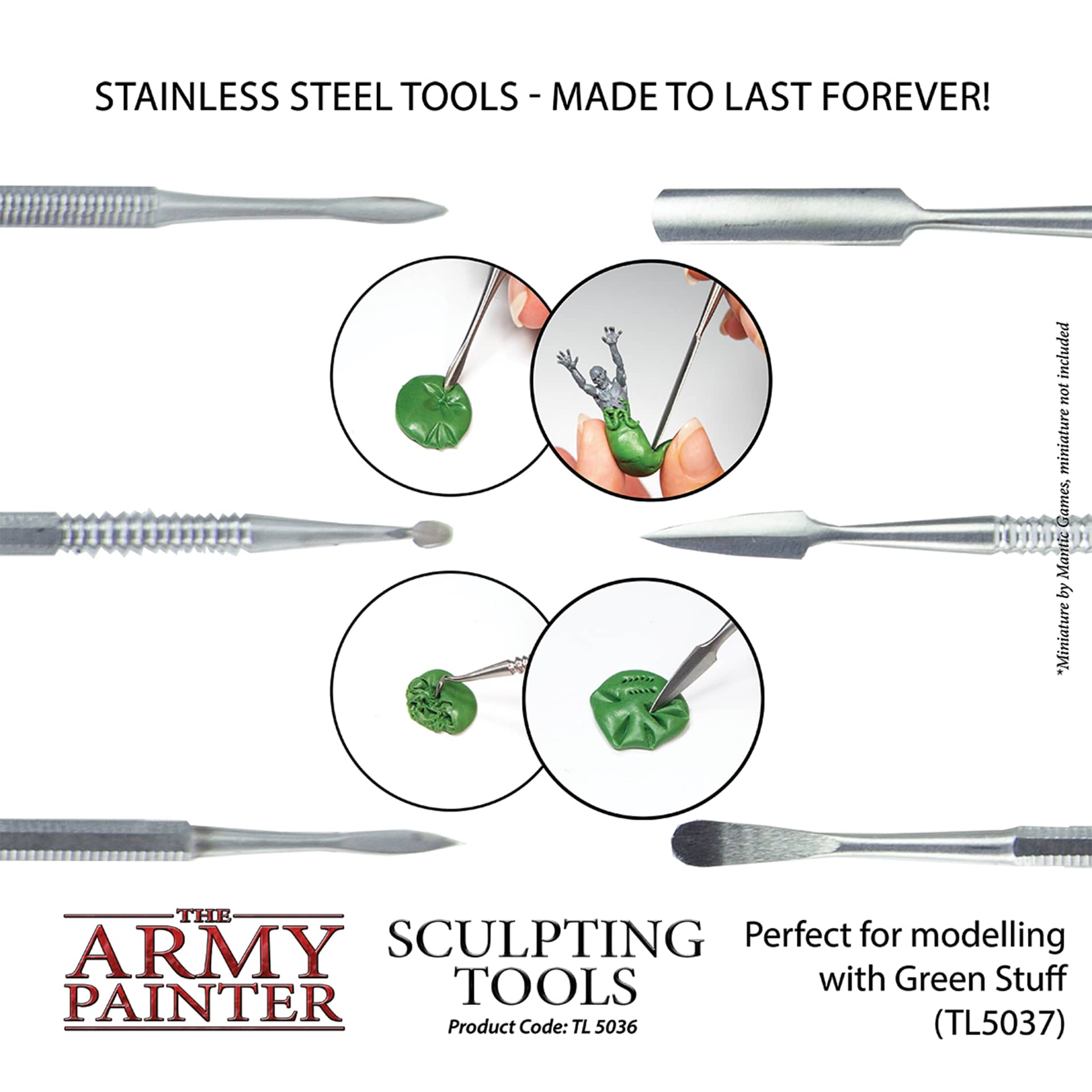 The Army Painter Miniature & Model Sculpting Tools Set. Stainless Steel Tools - made to last forever!  Perfect for modelling with Green Stuff (tl5037) product code tl5036 Miniature by mantic games, not included