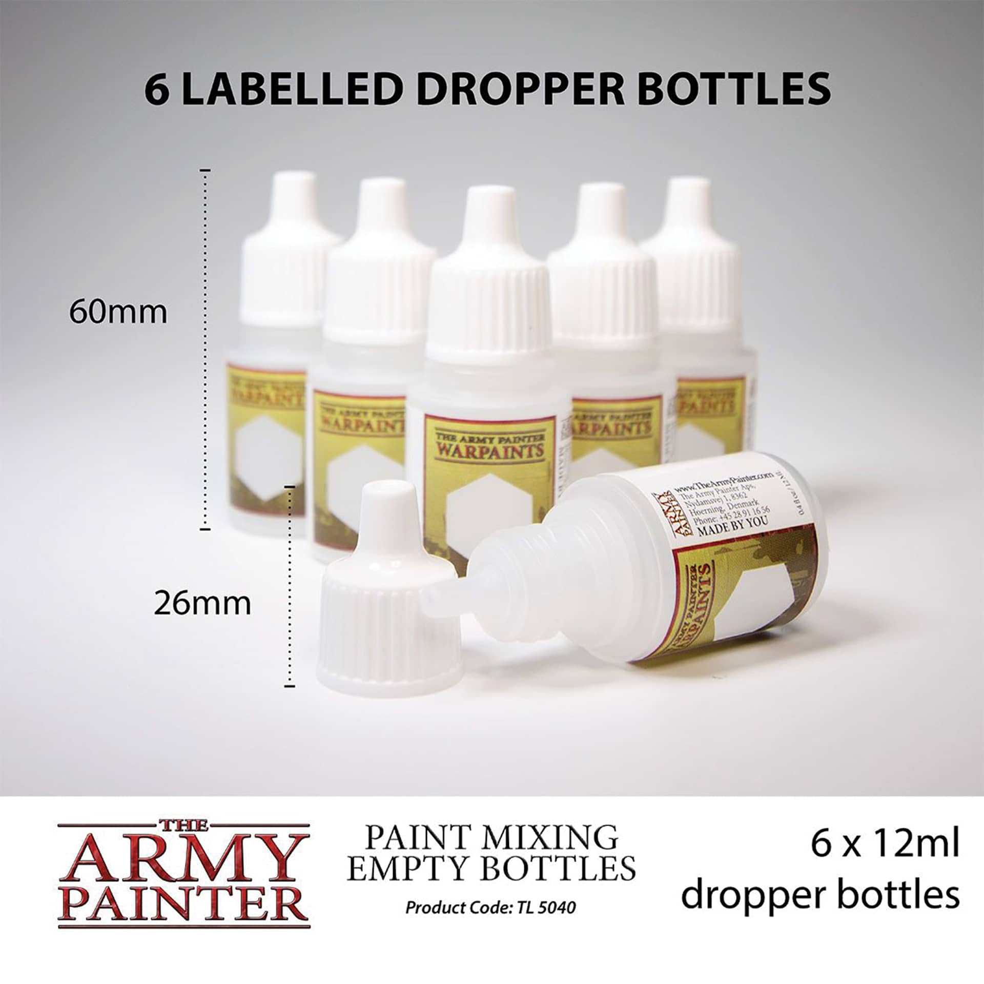 The Army Painter Empty Mixing Bottles 6 labeled dropper bottles. 60 mm total height, 26 mm cap height. 6 x 12 ml dropper bottles. Product Code TL5040