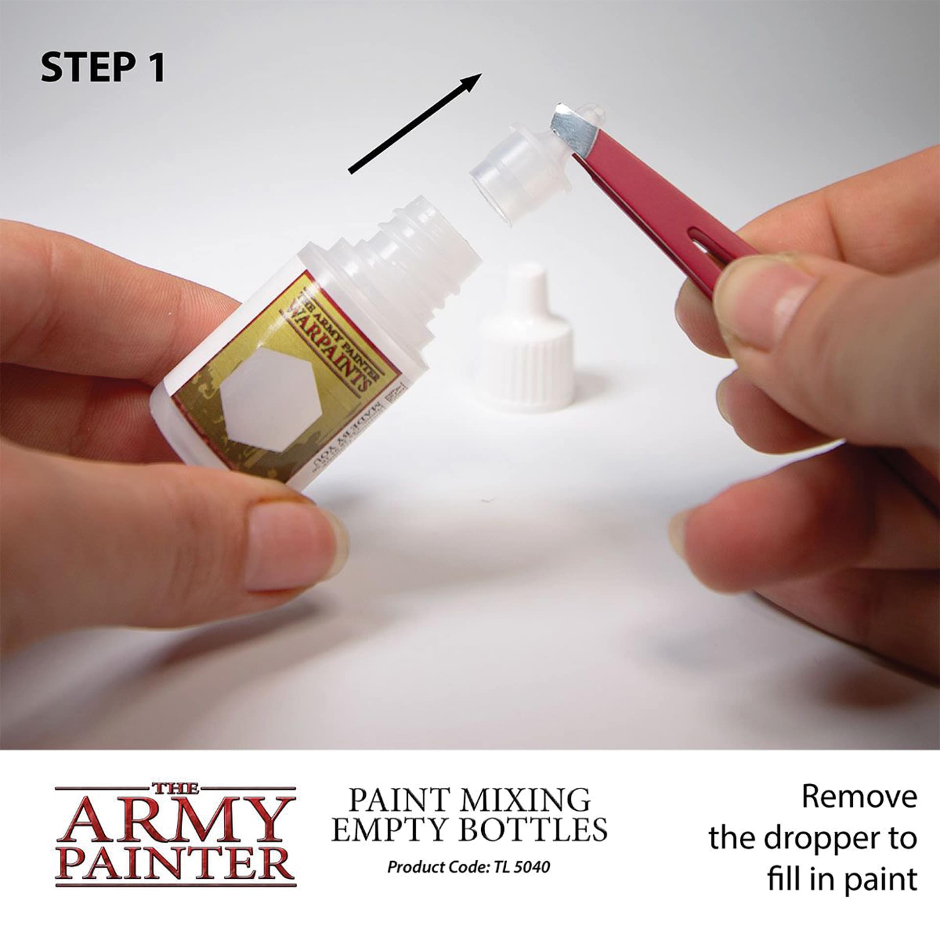 The Army Painter Empty Mixing Bottle, refiling. Step 1. Remove the dropper to fill in paint. Product code TL5040