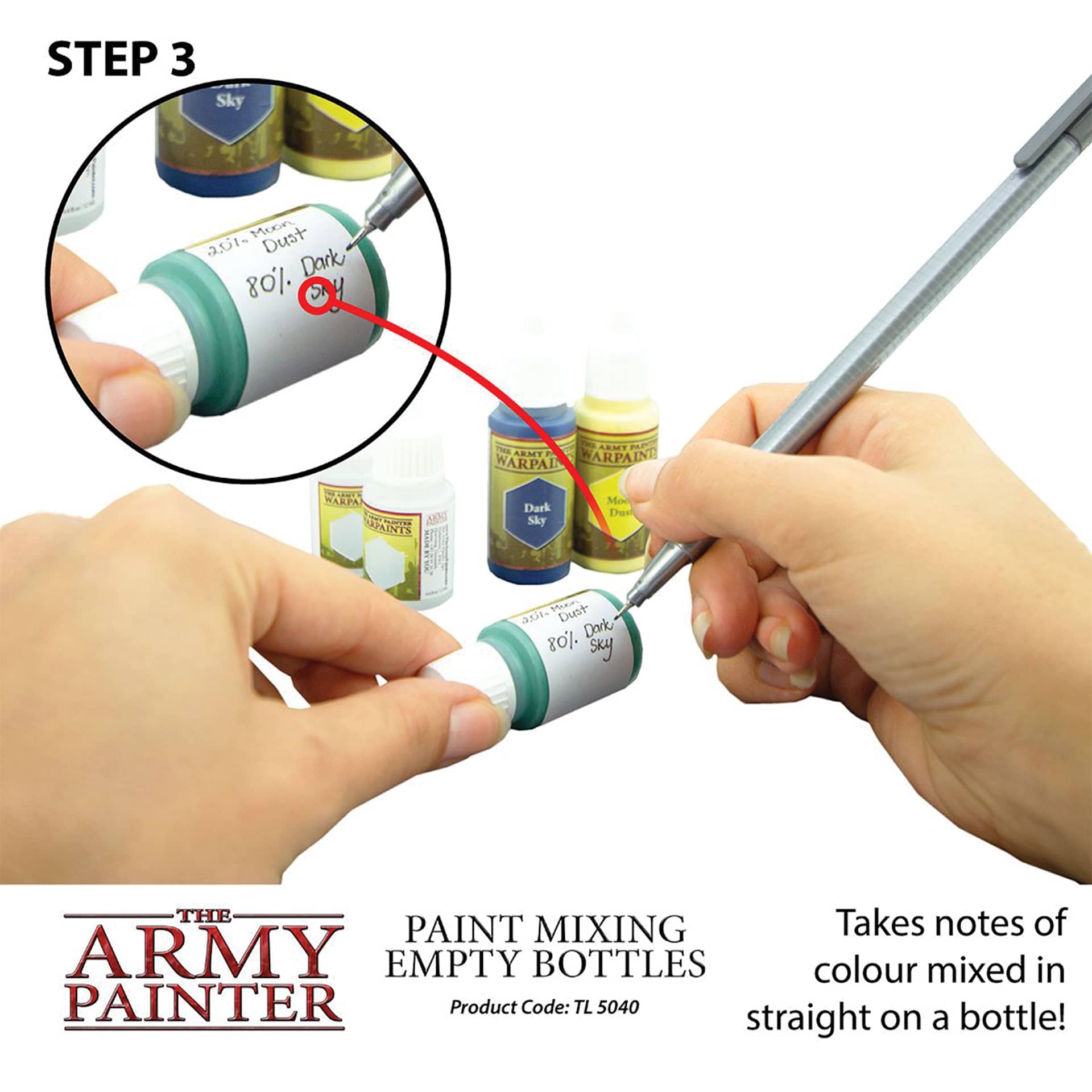 The Army Painter Empty Mixing Bottles - 12 ml. Pkg of 6. Step 3. Takes notes of colour mixed in straight on a bottle! Product Code: TL:5040