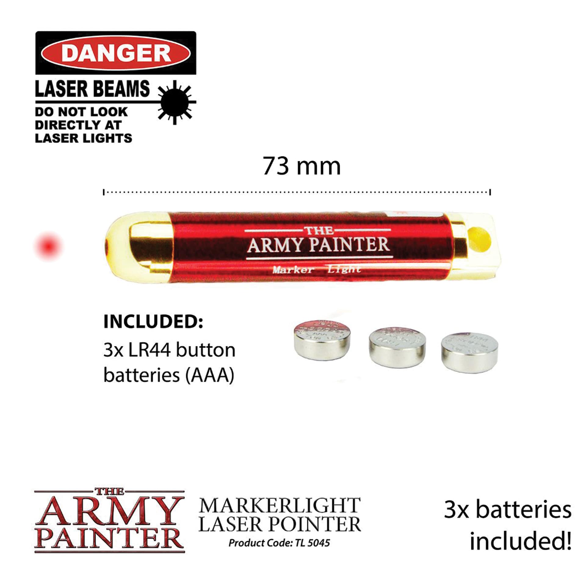 Markerlight Laser Pointer. Do not look directly at laser lights. 73 mm. Included 3x LR44 button batteries (AAA).