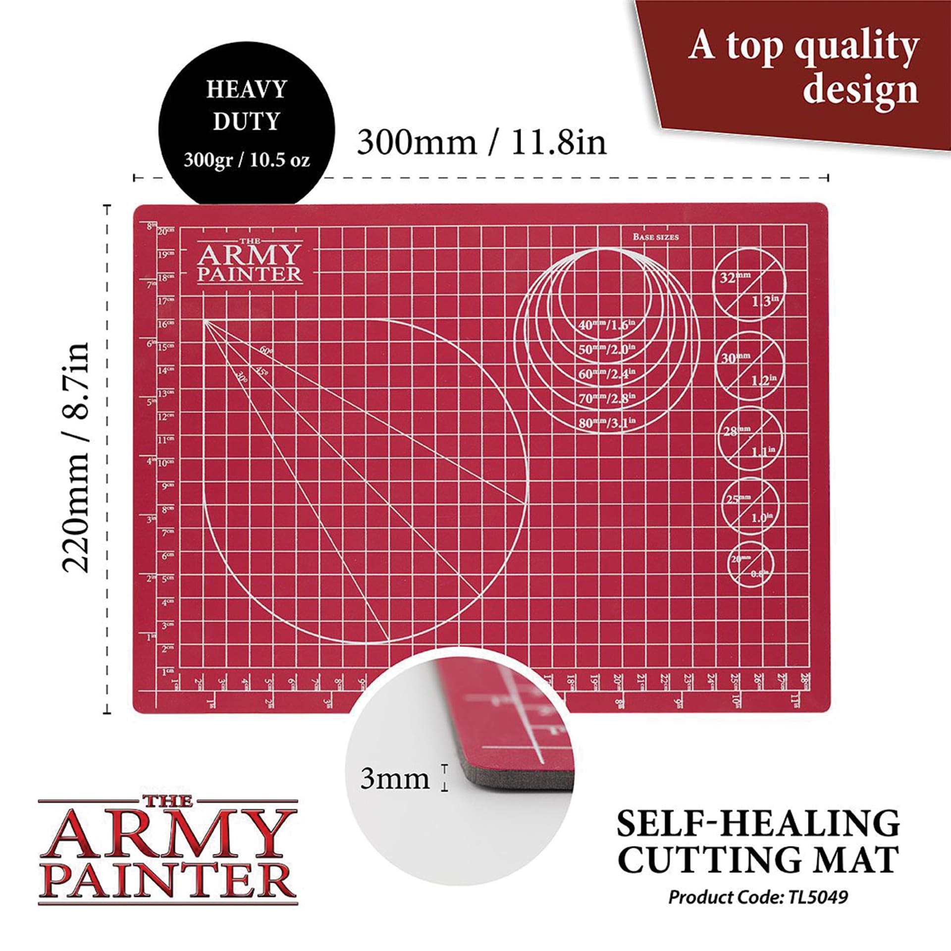 The Army Painter Self-Healing Cutting Mat. Top quality design. Heavy Duty - 300g (10.5 oz). 220 mm (8.7 in) x 300 mm (11.8 in), 3 mm Thick. Product Code TL5049