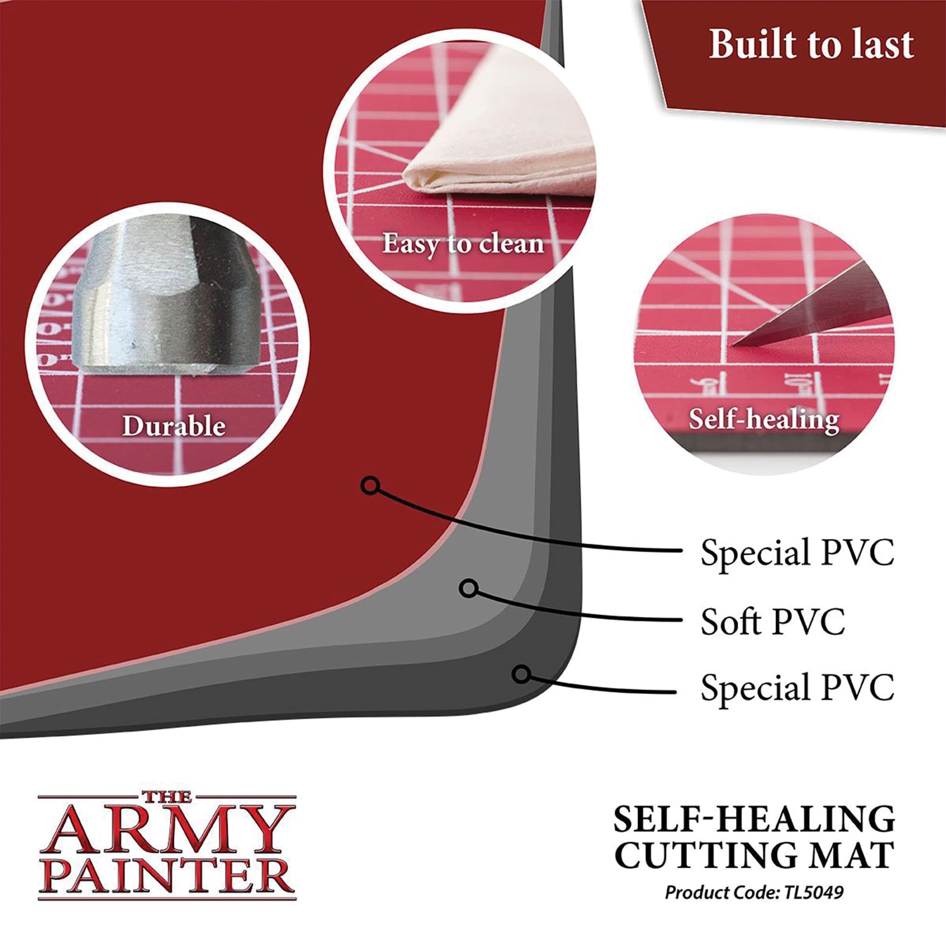 The Army Painter Self-Healing Cutting Mat Built to last. Durable, easy to clean, and self-healing.  Layers include Special PVC, soft pvc, and another layer of special pvc. product code: tl5049